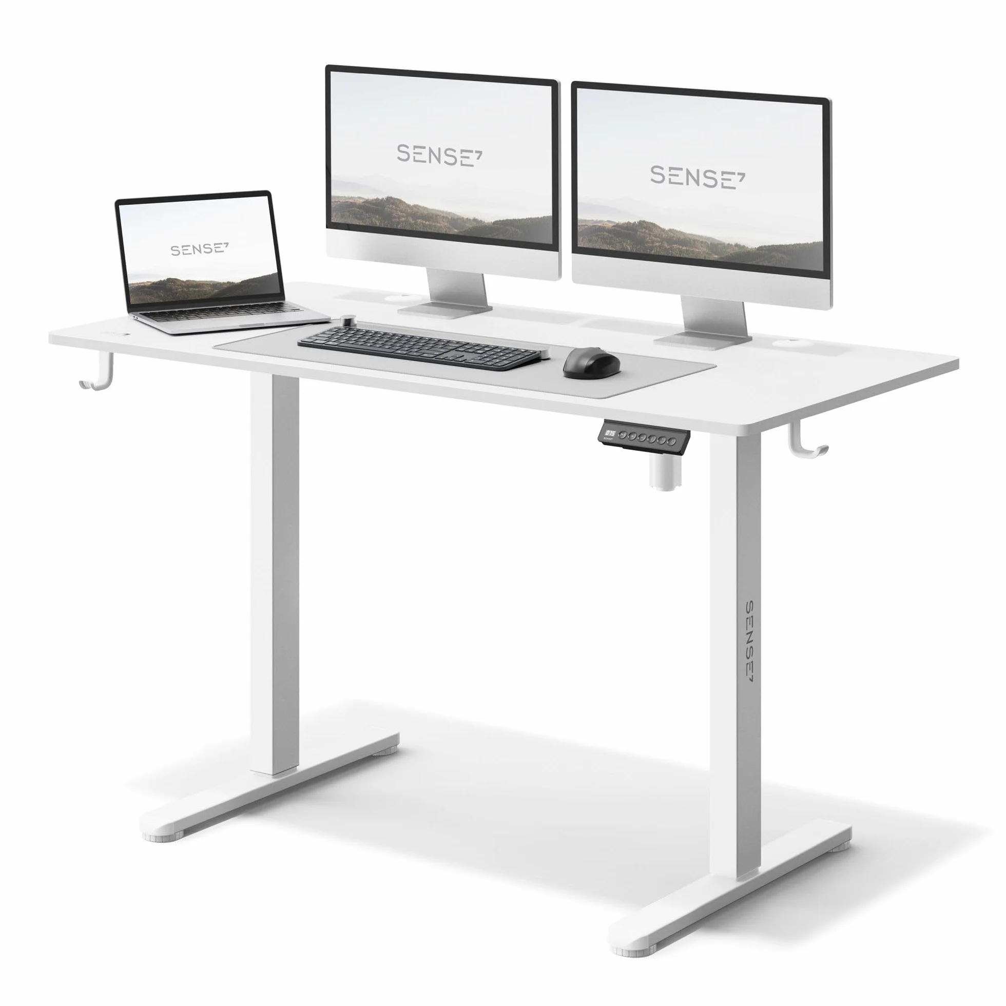 SENSE7 Nojo | Biurko Regulowane | Elektryczne | System Antykolizyjny | Organizer Na Kable | Uchwyt Na Słuchawki | Panel Sterujący | 3 Pamięci Ustawień| Zmiana wysokości 46 cm (Biały, 120x60cm)