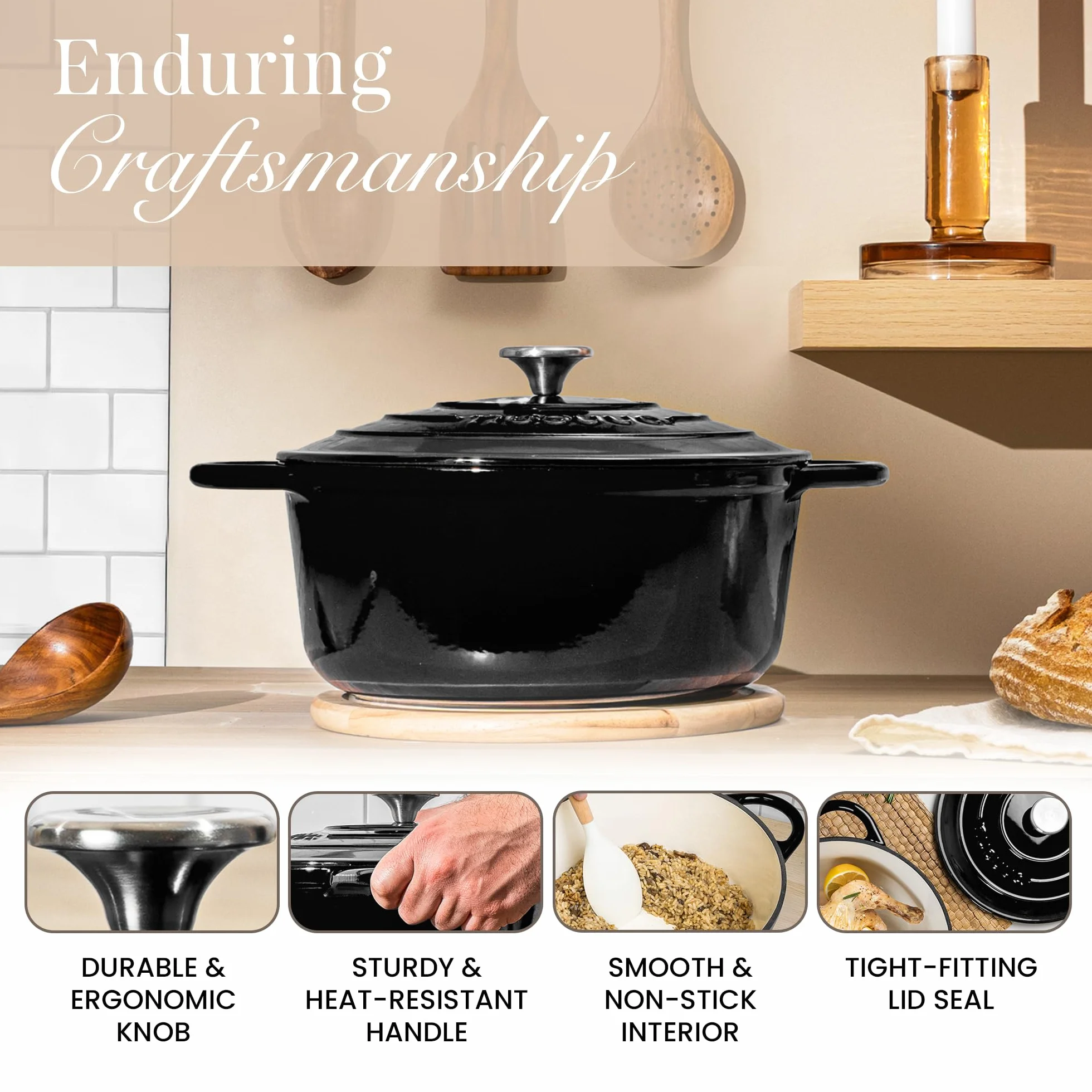 Garnki z Żeliwa z Pokrywką – Emaliowane, Nieprzywierające, Odporny na Piekarnik do 500° F – Solidne Garnki Holenderskie – Czarny, 7.3 Quart, 30cm – od Nuovva