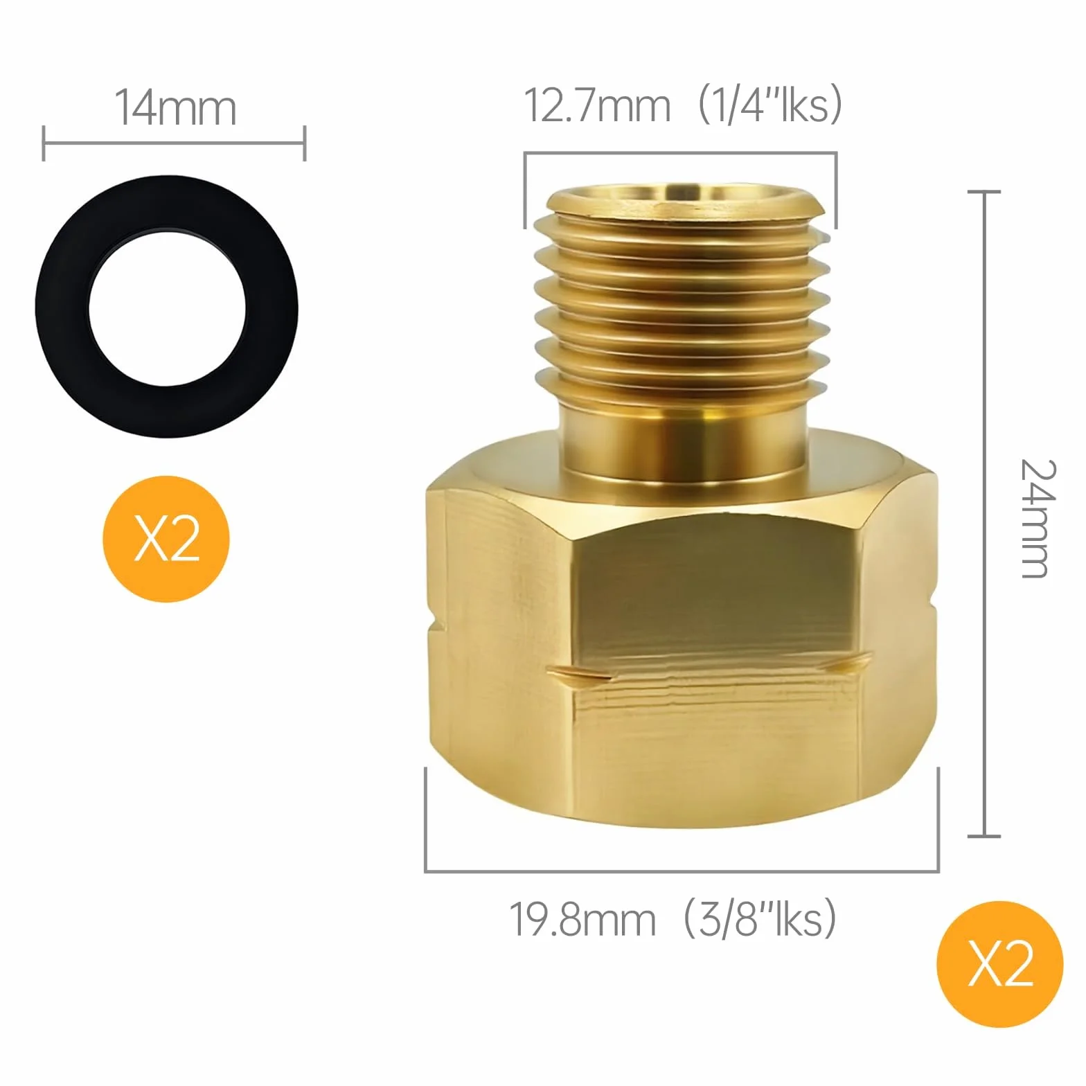 2elementy mosiężny regulator gazu, adapter gazowy, złącze gazowe - do kuchenki gazowej, kuchenki kempingowej z 2 pierścieniami uszczelniającymi (1/4" AG LKS x IG3/8" LKS)