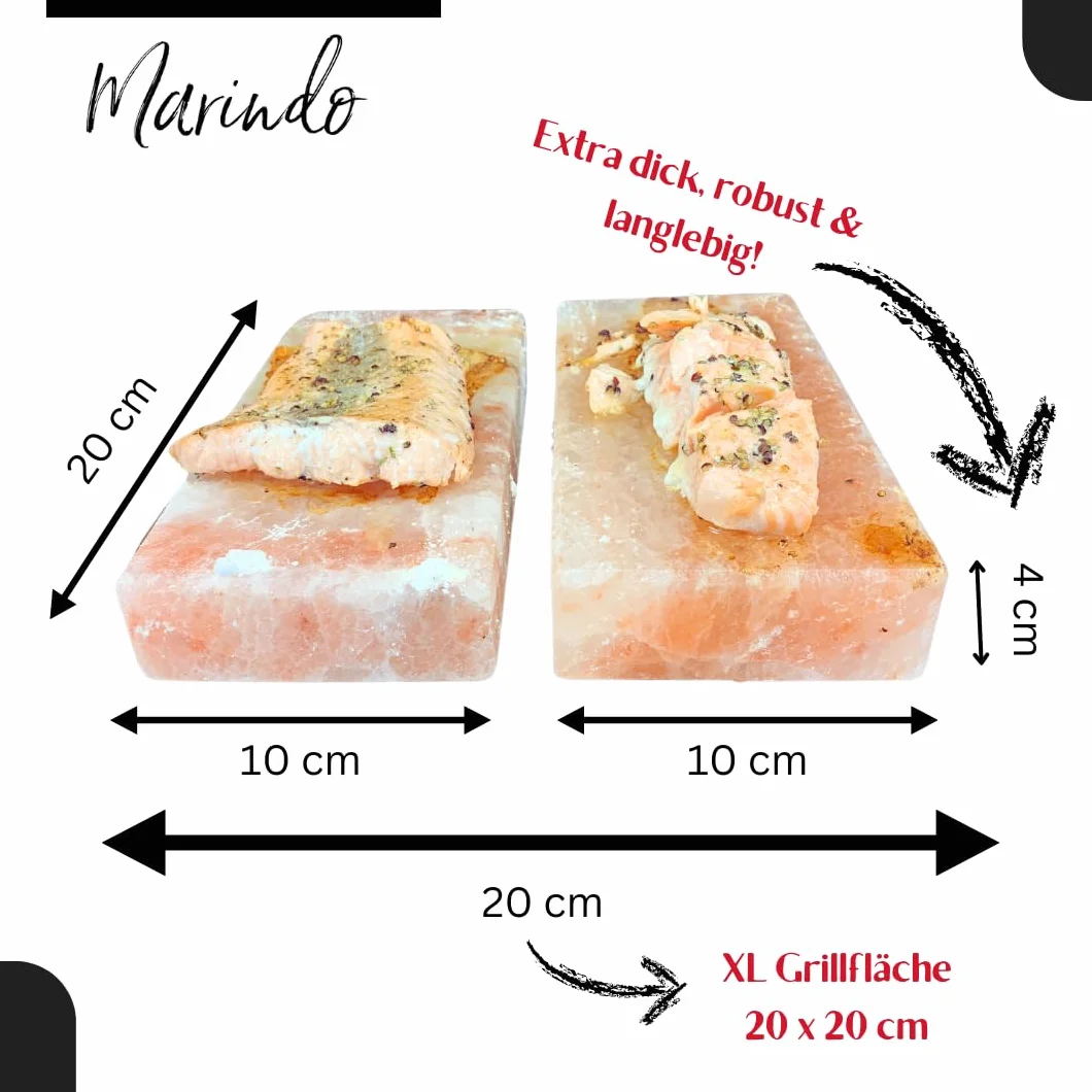 Marindo Chef BBQ grill solny XL (zestaw 2 szt.) 20 x 20 x 4 cm razem | kamień solny do grillowania | bardzo gruby kamień solny: 20 x 10 x 4 cm | zestaw 2 szt. | w zestawie instrukcja obsługi (może nie