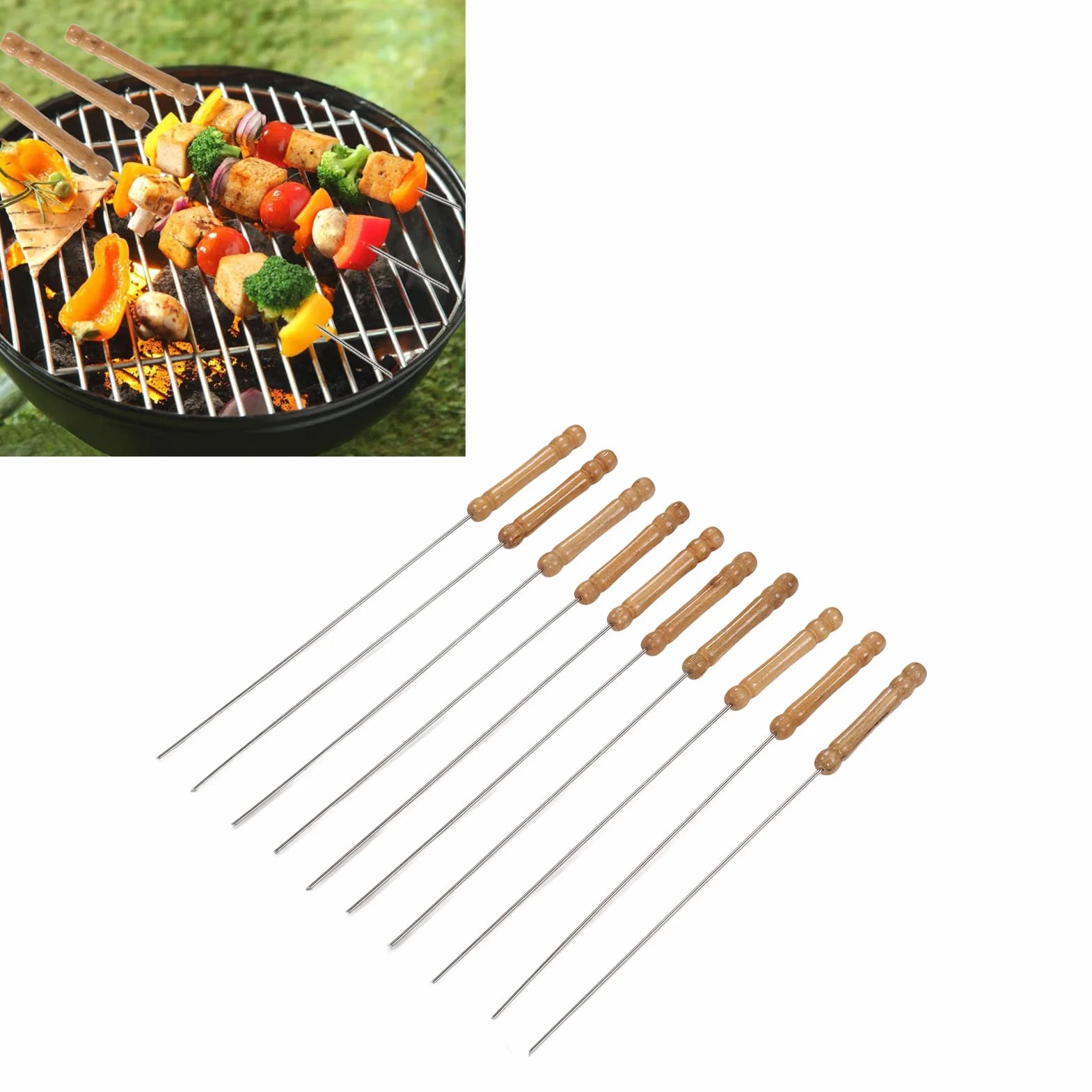 Szaszłyki do Grilla, 10 sztuk, Drewniany Uchwyt, Nierdzewna, Lekki i Przenośny, Idealne dla Piekna na świeżym Powietrzu, Wypady na Nature, Barbecue