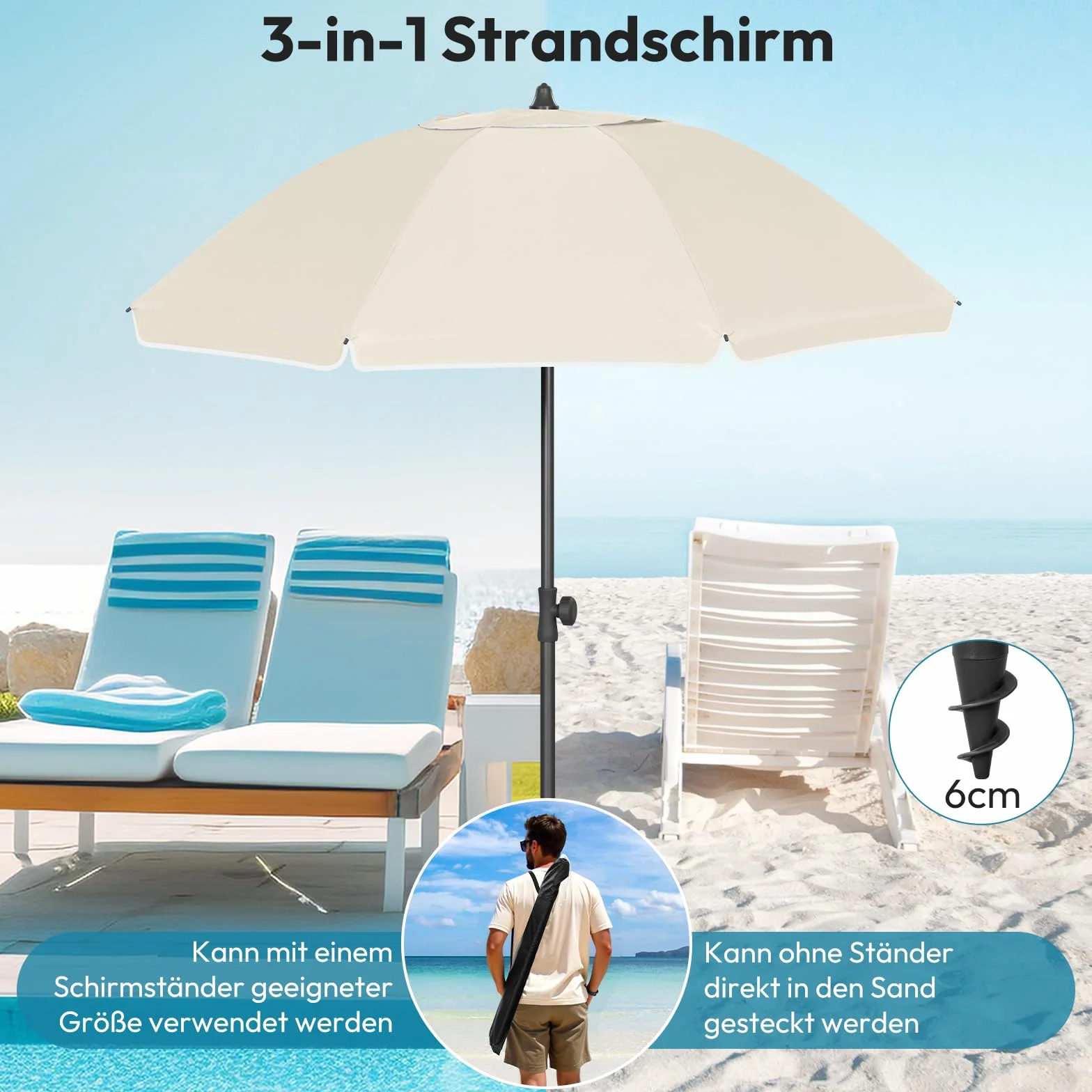 Laneetal Parasol plażowy φ135/155/175 cm, osłona przeciwsłoneczna z ochroną UV UPF 50+, regulacja wysokości i nachylenia, przenośny z torbą, wentylowany okrągły parasol do balkonu/ogrodu/plaży