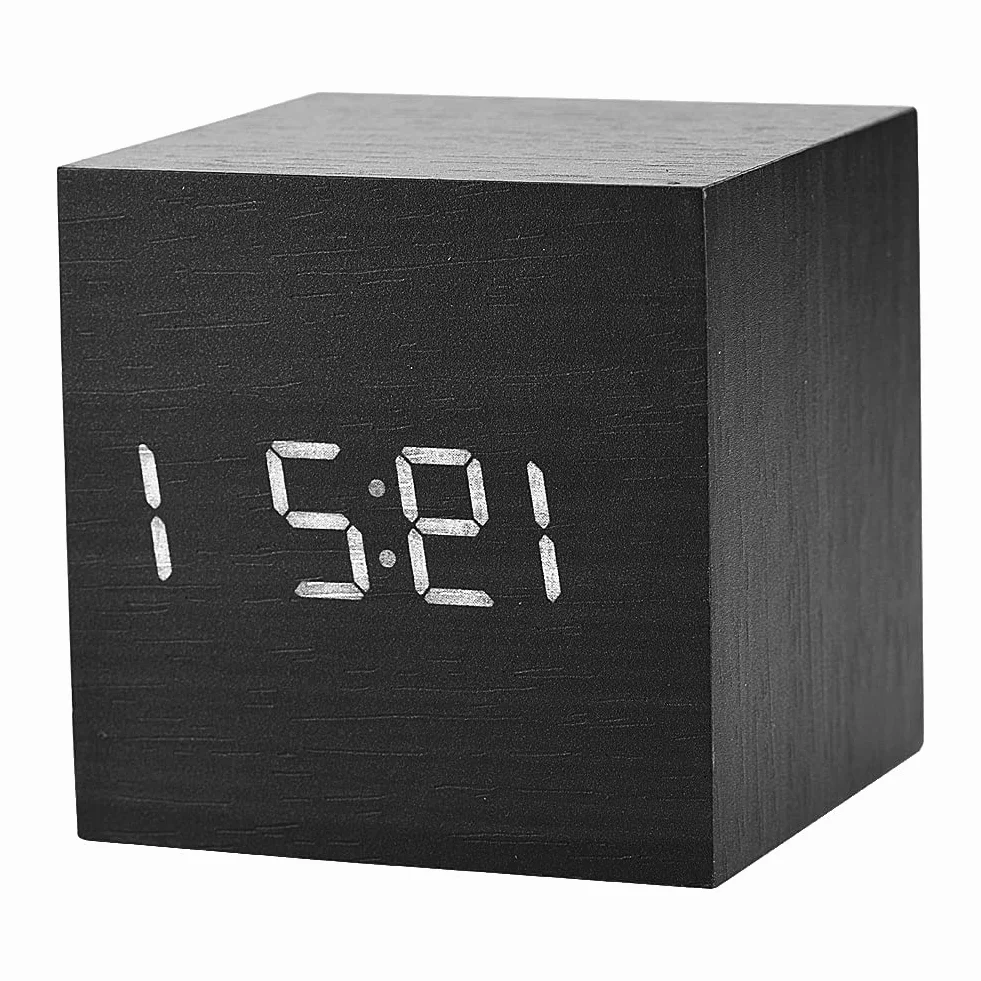 Cyfrowy Budzik LED, Drewniany Zegar w Kształcie Kostki, z Alarmami, Trybem Sterowania Głosowego, do Stolika Nocnego, Sypialni, Biura