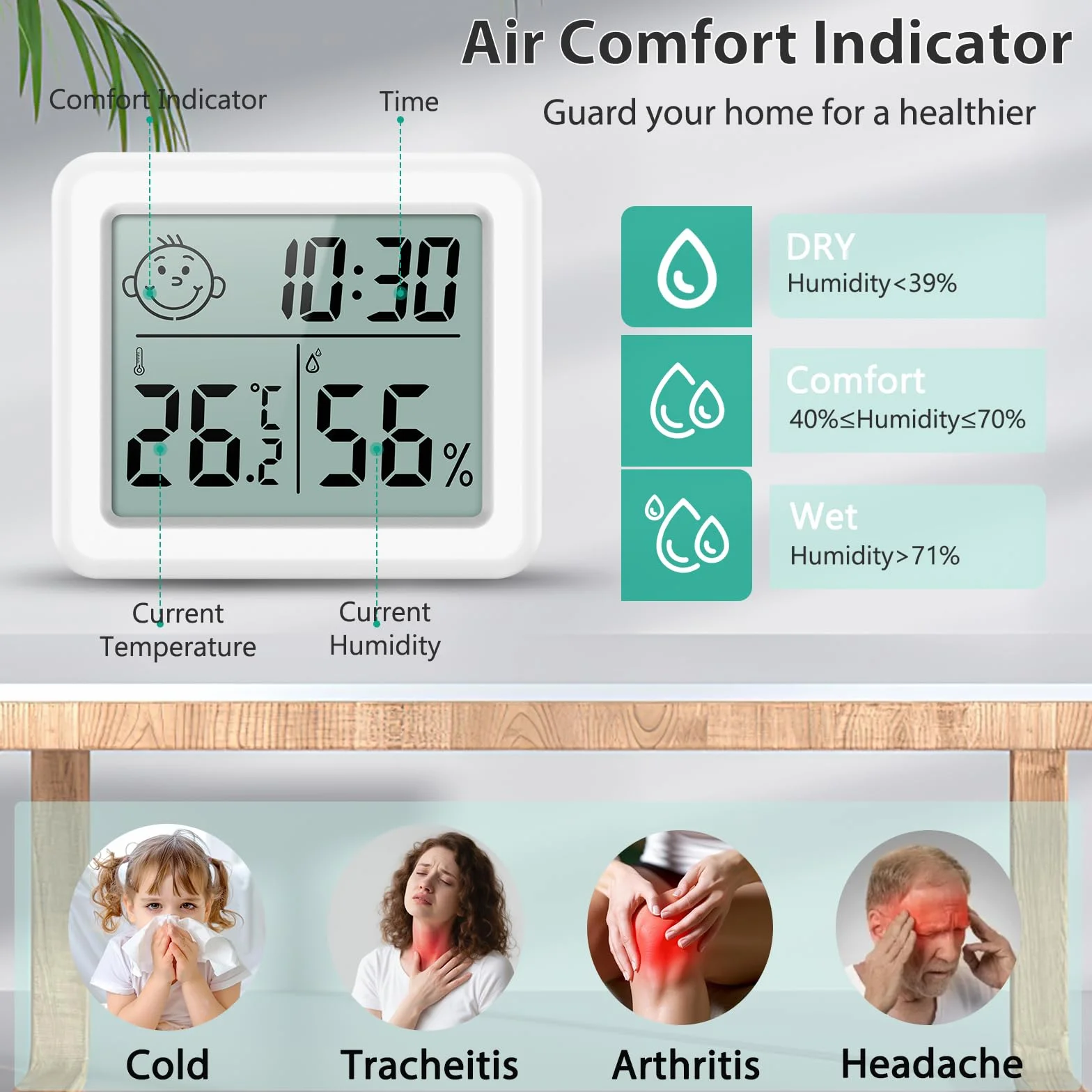 ORIA Cyfrowy termometr, higrometr, mini wewnętrzny miernik wilgotności powietrza, monitor temperatury, wyświetlacz godziny, komfort powietrza, °C/°F, termometr pokojowy do hotelu, biura, domu
