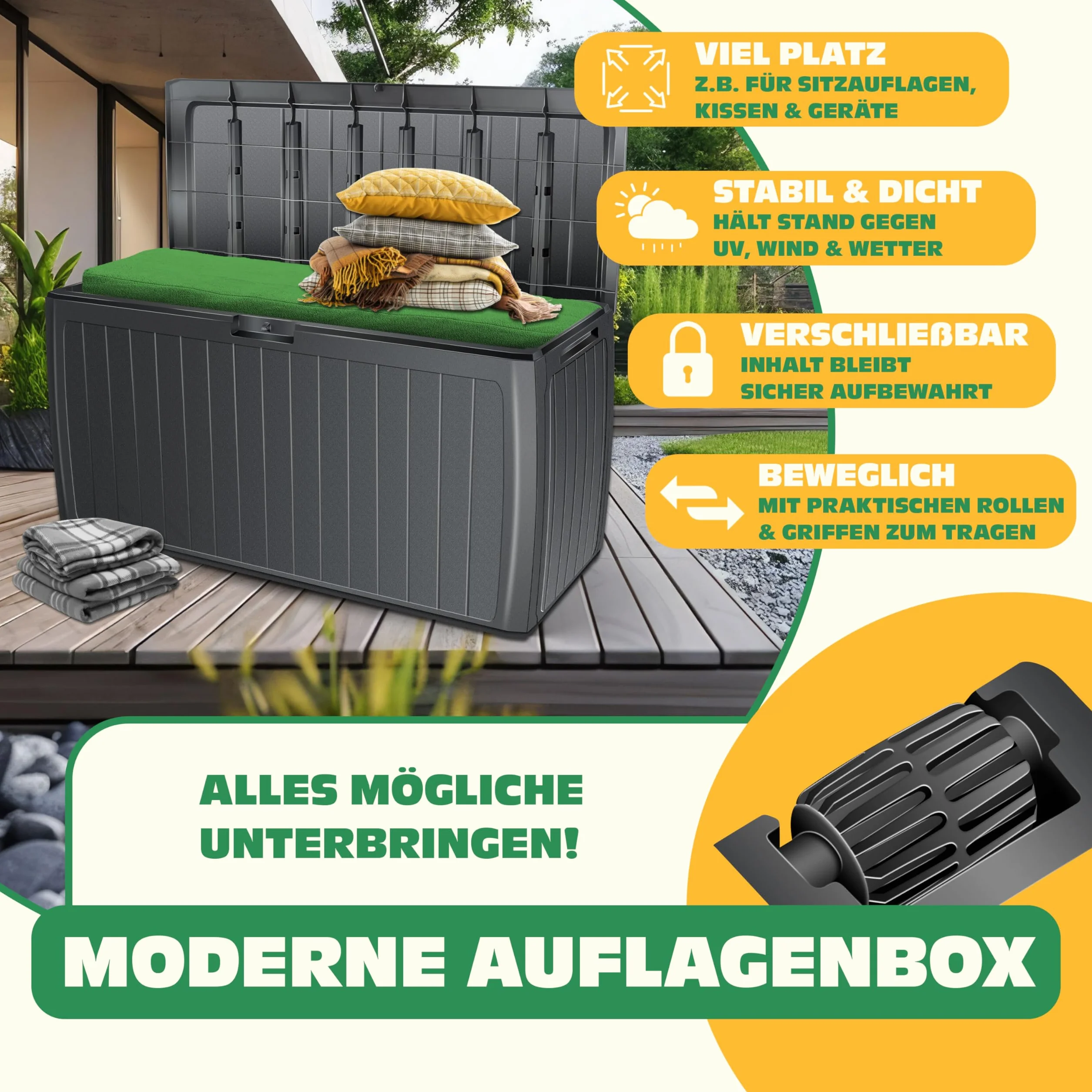 KESSER® Skrzynka na poduszki 290 l, z rolkami i uchwytami, obciążenie 100 kg, system Smart Click, skrzynia ogrodowa, kolor antracytowy
