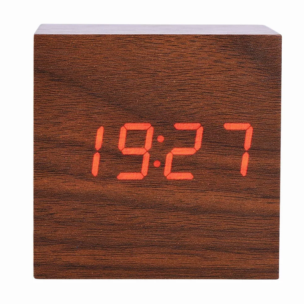 Cyfrowy Budzik LED, Drewniany Zegar w Kształcie Kostki, z Alarmami, Trybem Sterowania Głosowego, do Stolika Nocnego, Sypialni, Biura