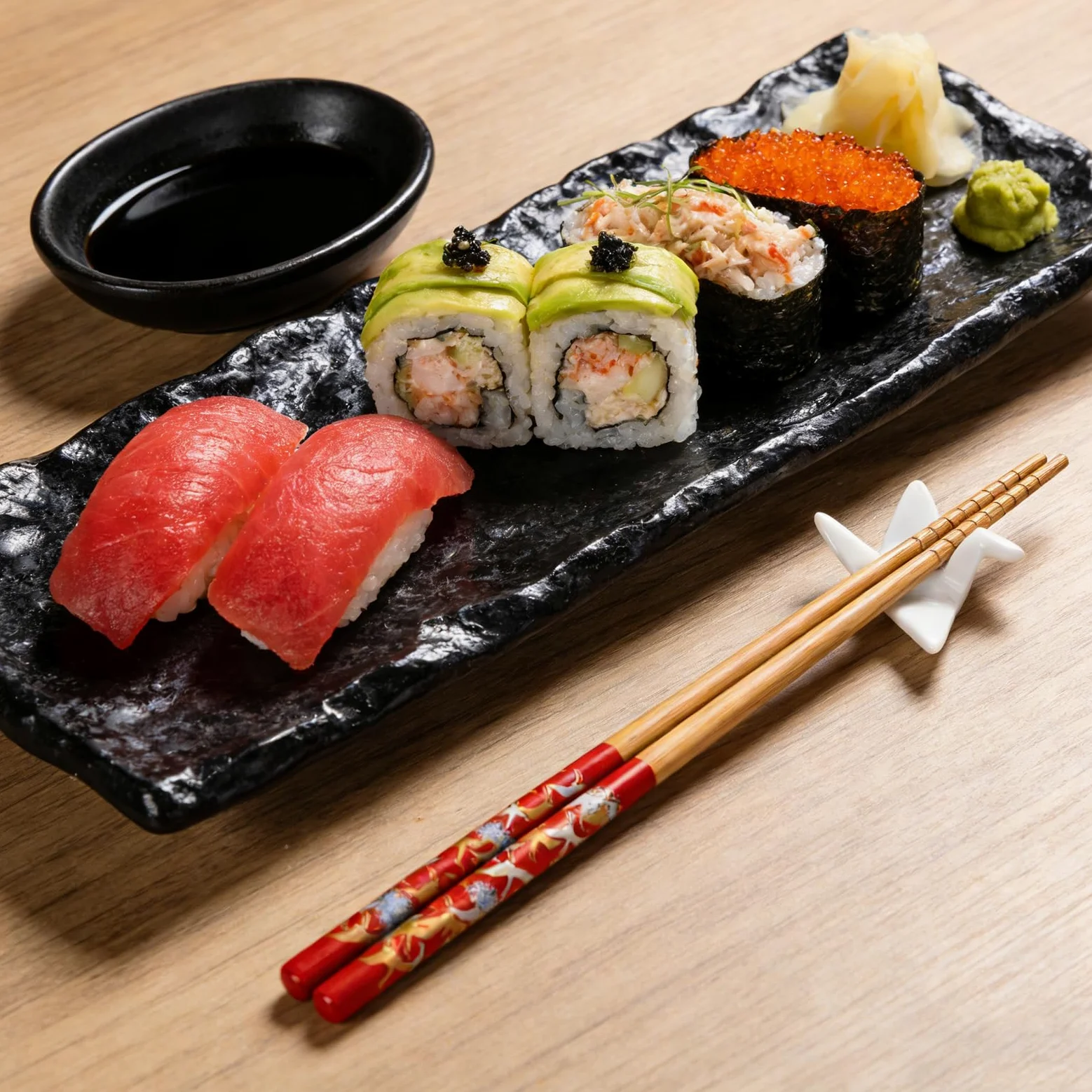 Zestaw pałeczek do sushi origami, 2 pary wraz z podkładkami ceramicznymi, ekskluzywne drewniane opakowanie, styl japoński, chiński, koreański i tajwański