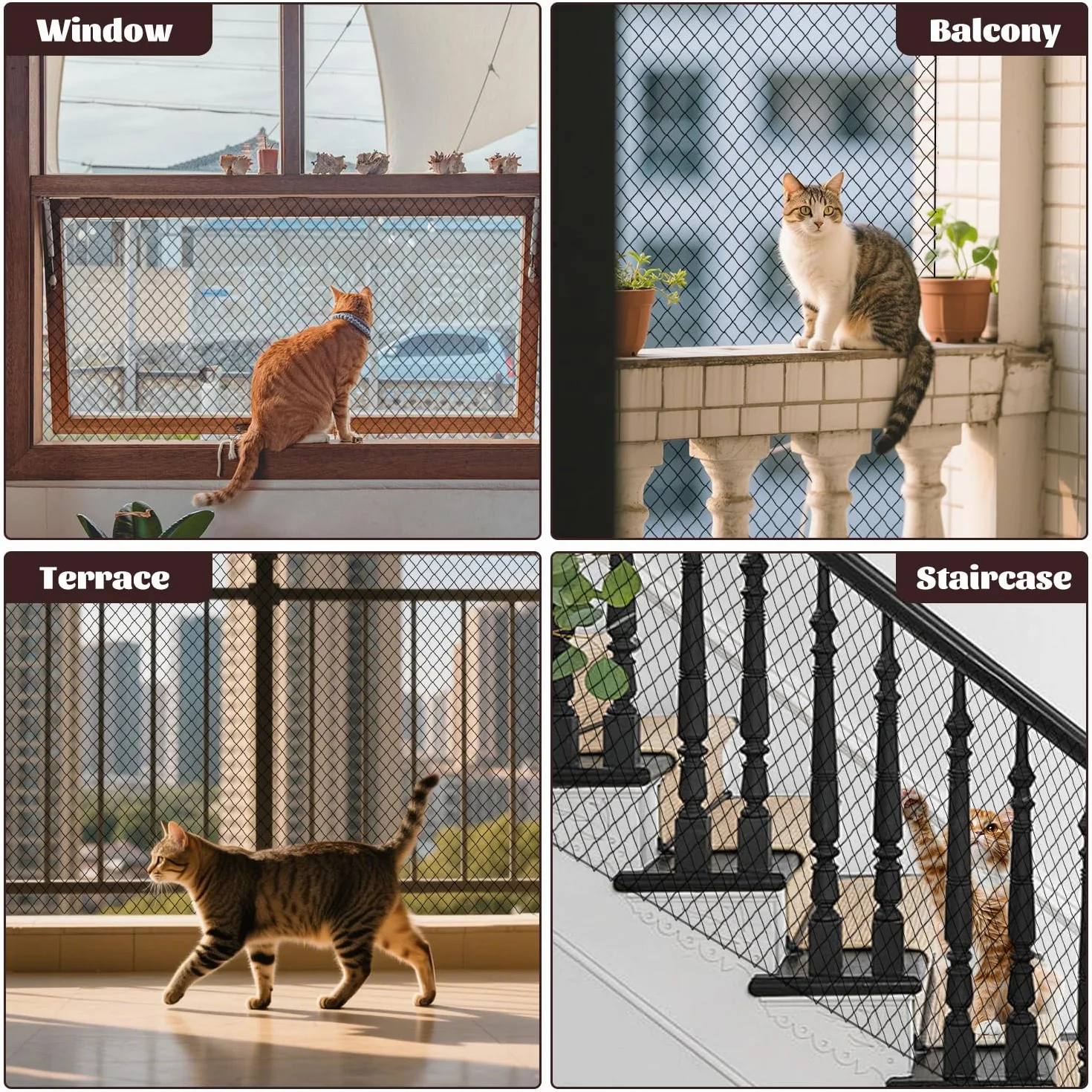Siatka dla kota na balkon, 6 x 3 m, wytrzymała siatka nylonowa, zabezpieczenie tarasu, okien i drzwi, z zestawem montażowym