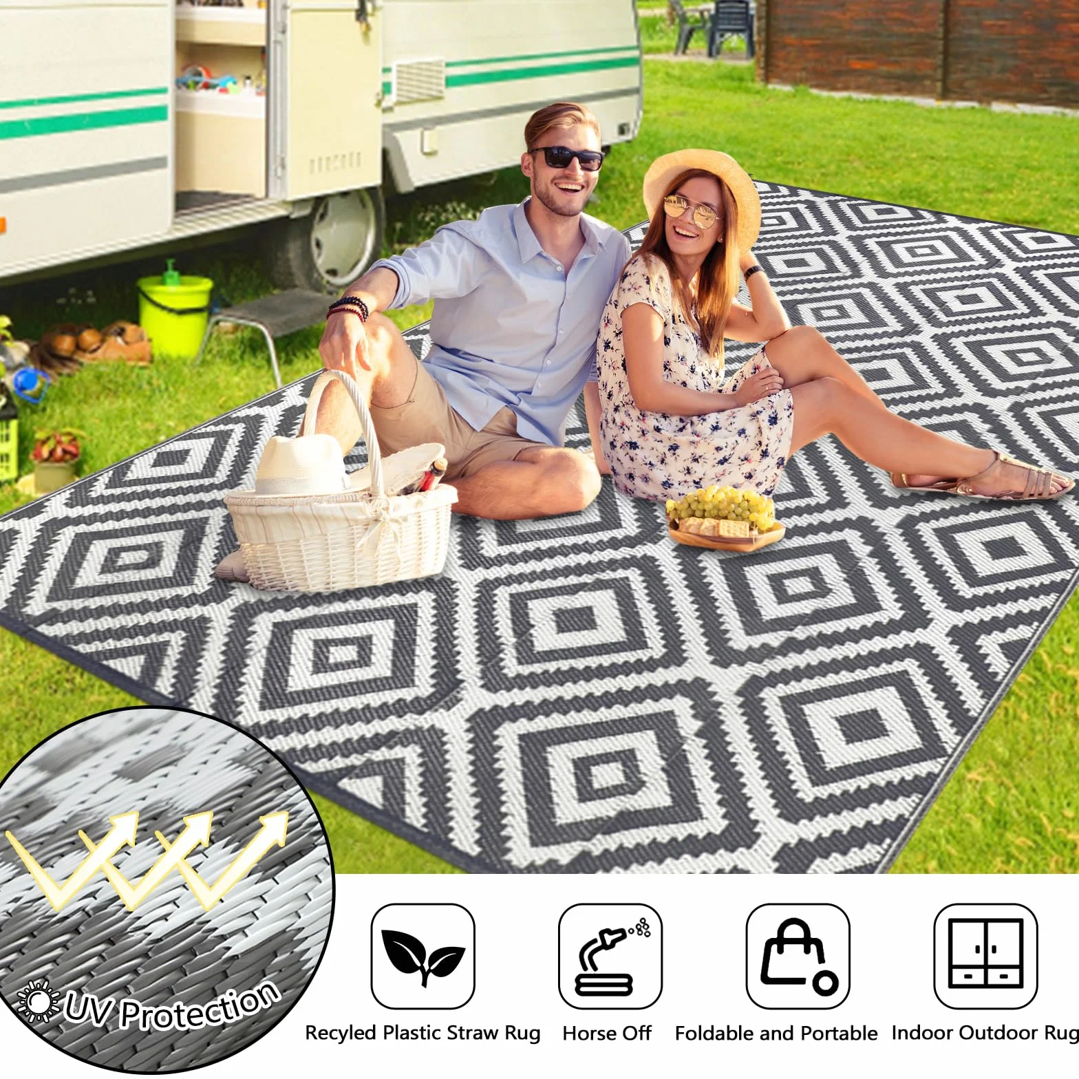 Famibay Dywan zewnętrzny Duży 120 x 180 cm Wodoodporny Zewnętrzny Zmywalny Odporny na promieniowanie UV Plastikowy Dywan Do Ogrodu, Patio, Plażi, Pikników, Kempingu, Podwórka