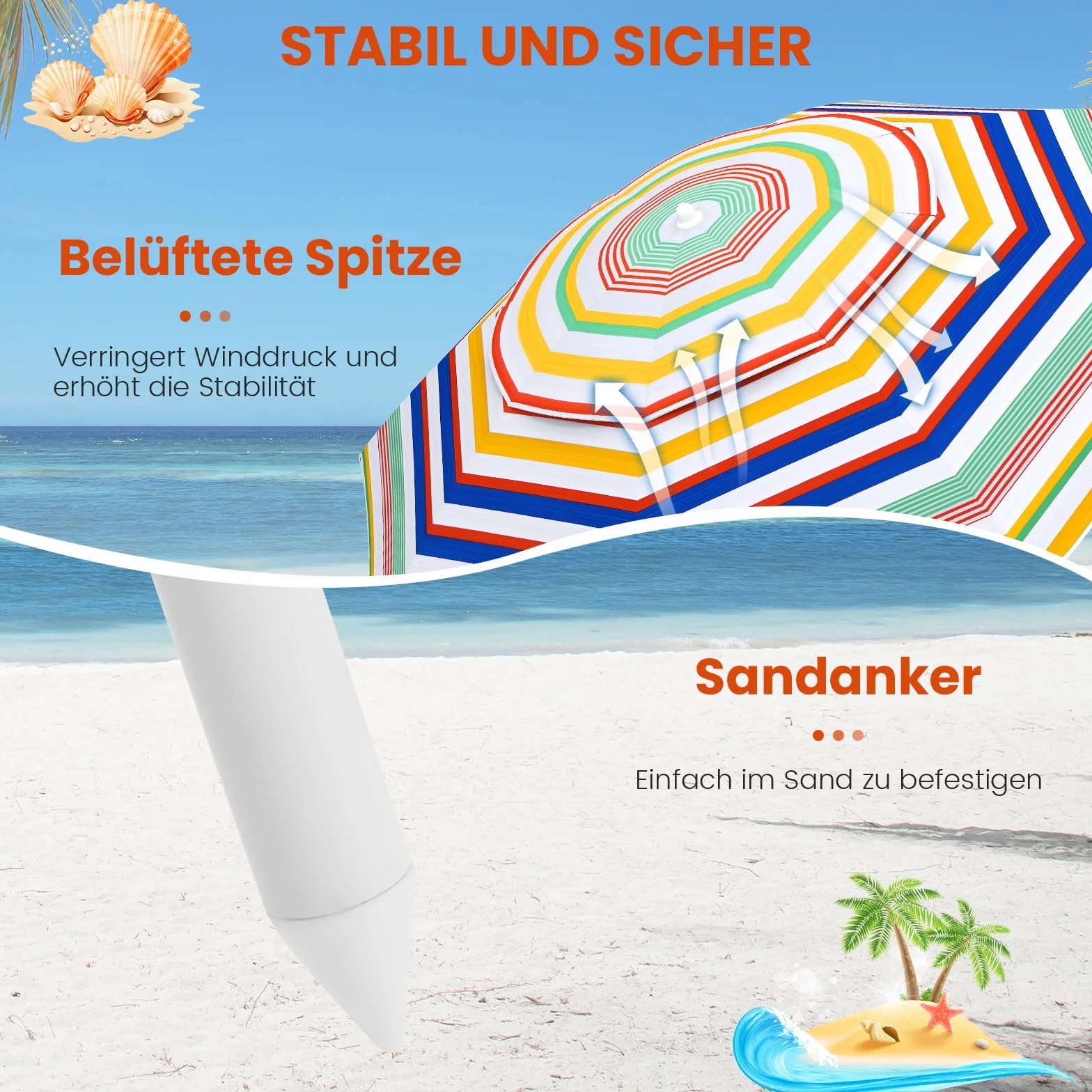 COSTWAY Parasol przeciwsłoneczny, 179 cm, odporny na wiatr, stabilny, UPF 50+, możliwość zginania w zakresie 30°, ochrona przed słońcem z ostrzem do wbijania w ziemię i torbą do przenoszenia, parasol