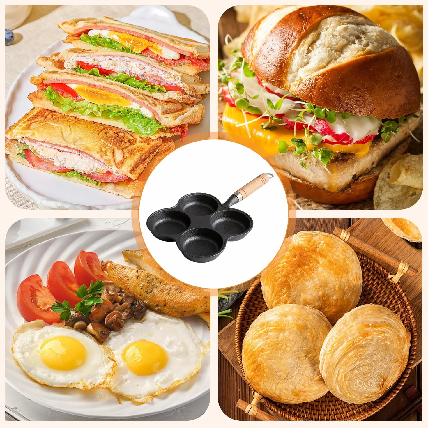 Patelnia do jajek 4 filiżanki Żeliwna patelnia do omletów z powłoką nieprzywierającą na śniadanie, Patelnia do smażenia jajek do kuchenki gazowej i naczyń indukcyjnych