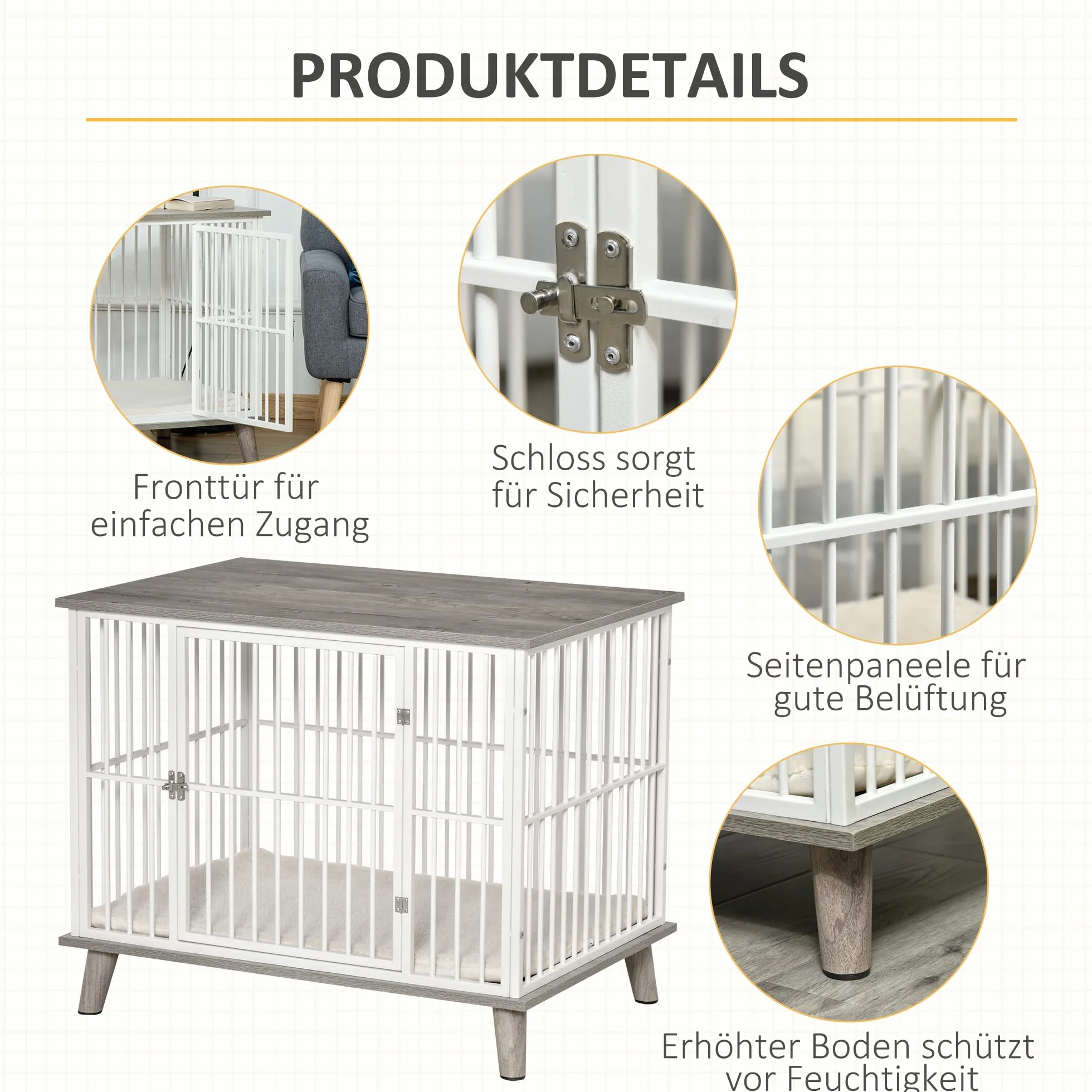 PawHut klatka dla psa drewniana z poduszką blat podwyższony design klatka dla psów średnich do domu klatka dla zwierząt domowych kolor biały+szary 86 x 60 x 70 cm