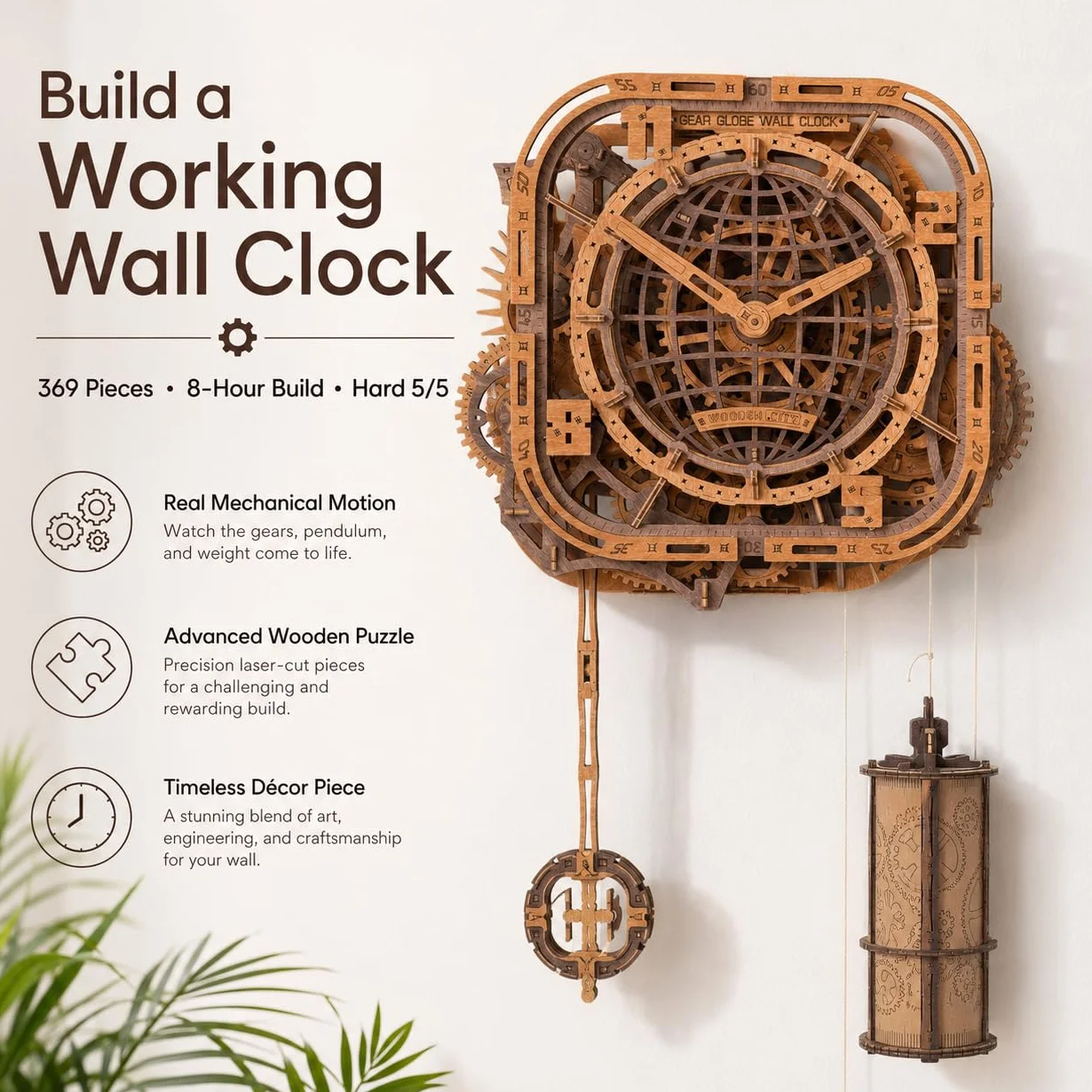 WOODEN.CITY 3D Drewniane puzzle – zegar ścienny Gear Globe, drewniany zegar, puzzle, model, zestaw do budowania dla dorosłych, 369 elementów, mechaniczny zegar z puzzlami 3D, nie wymaga kleju