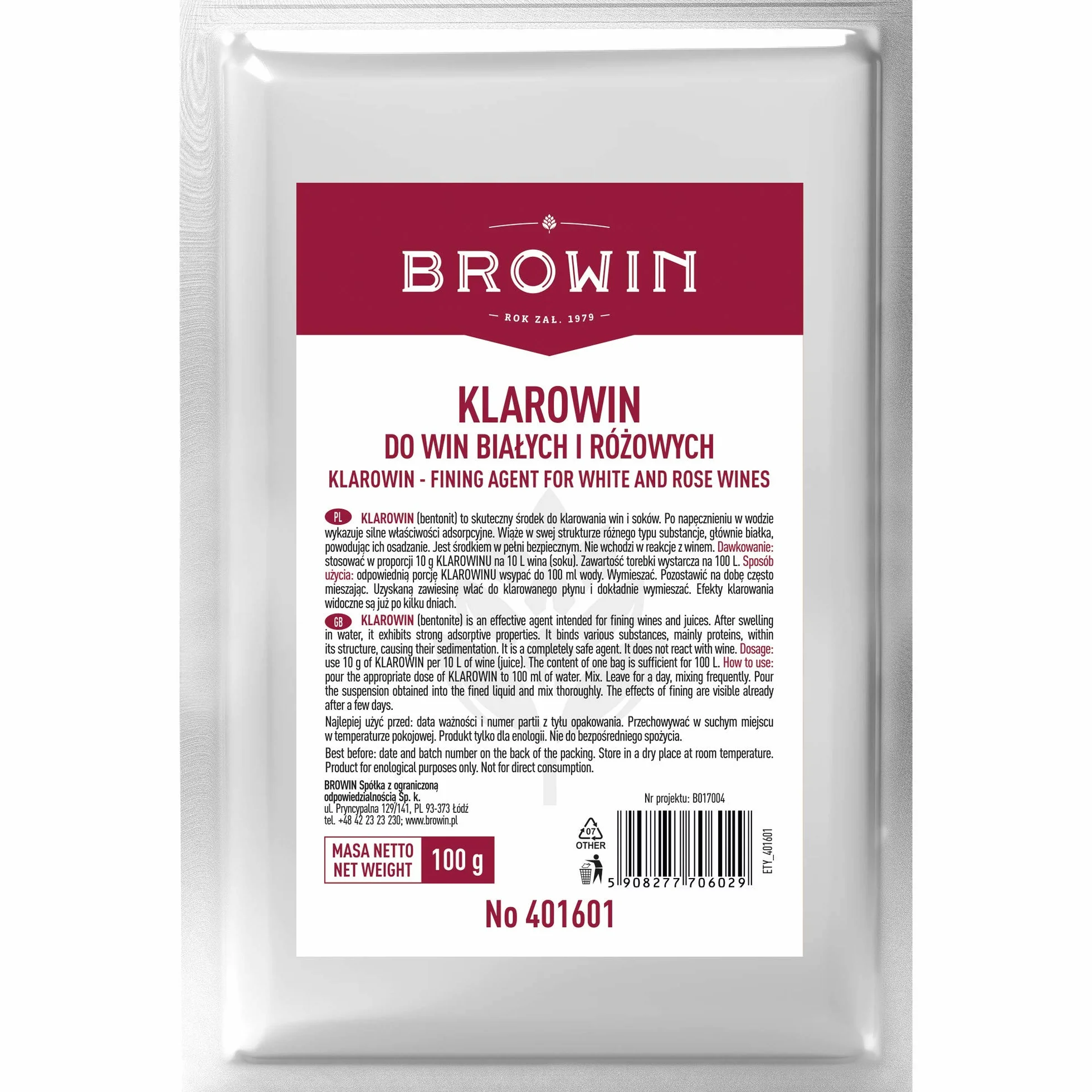 Browin 401601 Klarowin - środek klarujący, do win i soków, 100 g, na 100 L
