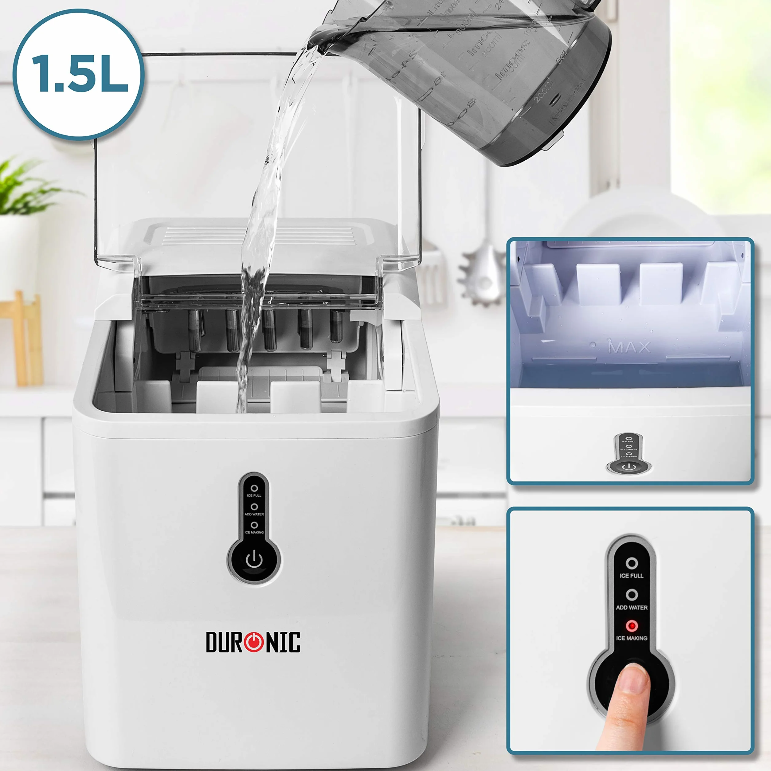 Duronic ICM120 Automatyczna kostkarka do lodu elektryczna | 9 kostek w 7 min | 12 kg lodu na dobę | zbiornik na wodę 1,5l kszyczek i szufelka do wyciągania gotowych kostek | bez podłączenia do wody