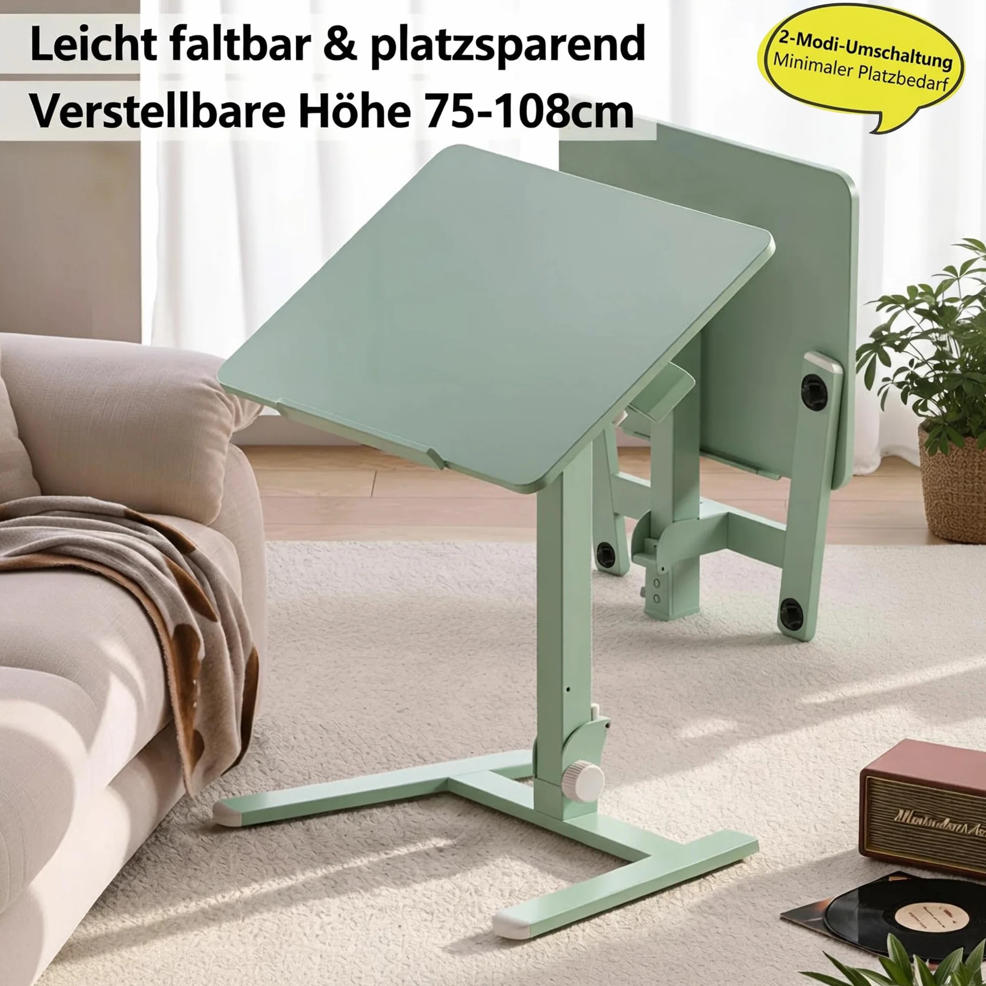 MUSSO AnyDesk D7 Przenośny stolik do łóżka, mobilne biurko z regulacją wysokości (75-108 cm), składany stojak 0-90°, ergonomiczny uchwyt do pracy, sofy i łóżka (zielony, 1 sztuka)