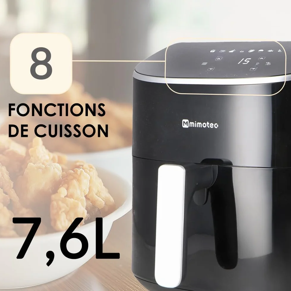M mimotec Frytkownica na powietrze Serena Touch 7,6 l – bezolejowa frytkownica na powietrze, 2000 W, 8 menu, sterowanie dotykowe, regulowany minutnik 60 minut, 80-200 °C, redukcja tłuszczu, idealna do
