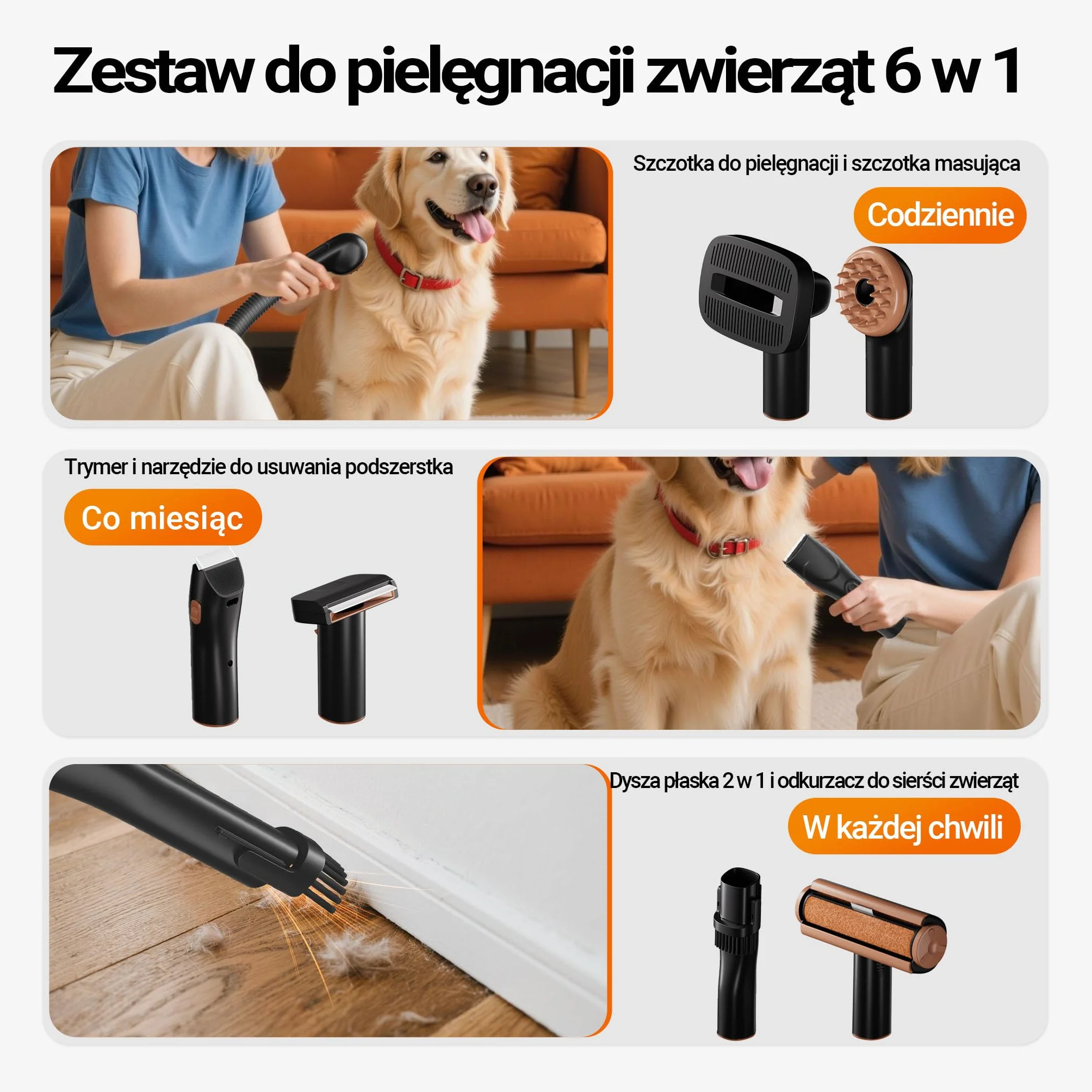 Fudajo Zestaw groomerski 6w1, czarny, z maszynką do strzyżenia psa i kota, zestaw pielęgnacyjny z odkurzaczem i trymerem, dla zwierząt