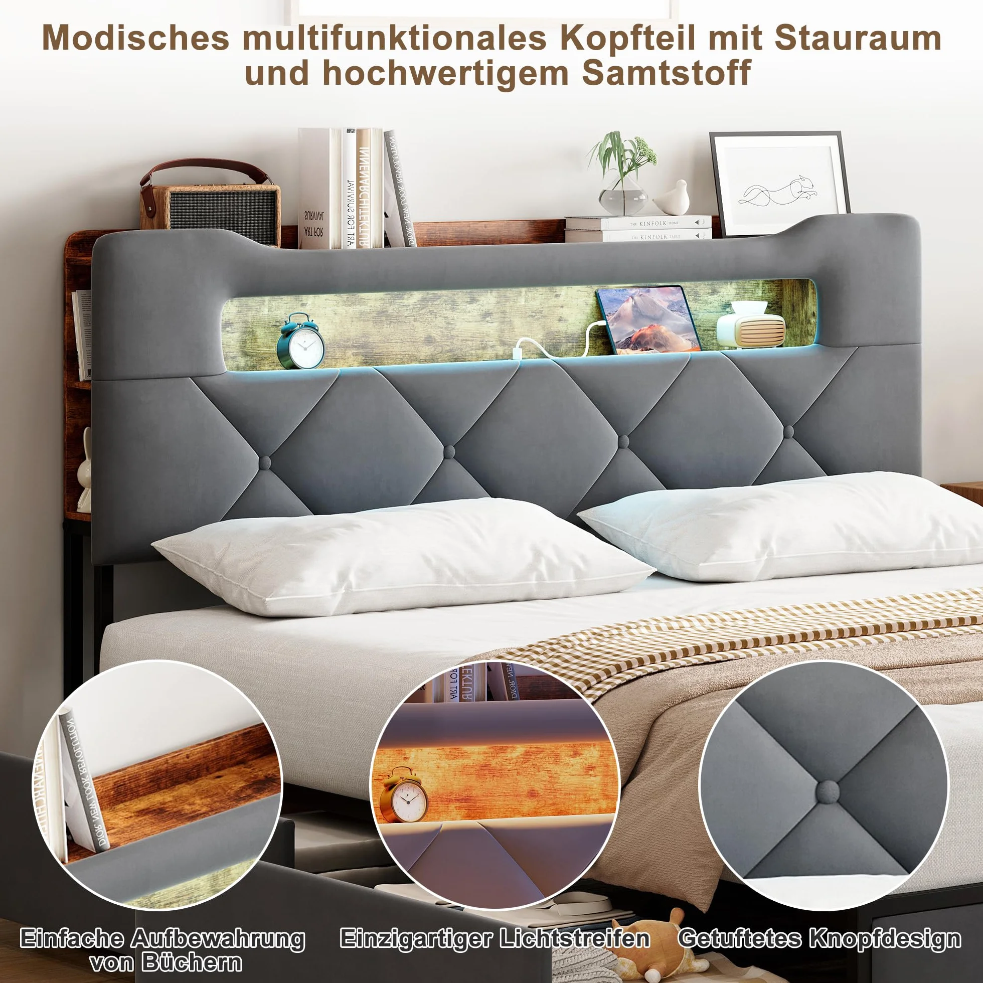 CDQL Łóżko tapicerowane podwójne 160 x 200 cm z 4 szufladami, łóżko młodzieżowe ze złączem USB i oświetleniem LED, zagłówek ze schowkiem, łóżko dla gości, łóżko funkcyjne, aksamit, szare