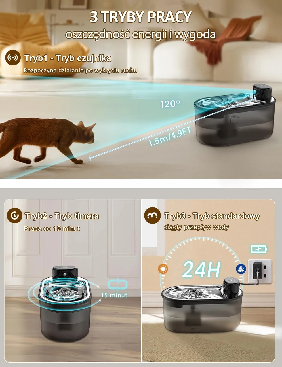 TOMXCUTE Bezprzewodowa fontanna dla kota 3 l czujnik ruchu bateria 5000 mAh czarny