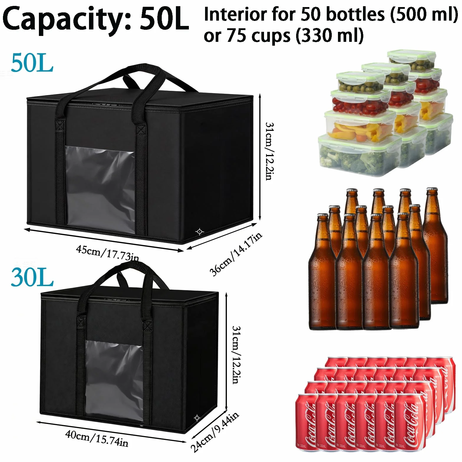 2 sztuki duża składana torba chłodząca 50 l + 30 l, stojąca torba termiczna, wielokrotnego użytku torba piknikowa, torby na zakupy, torba do zamrażania na kemping, grill, do pracy, dostawa