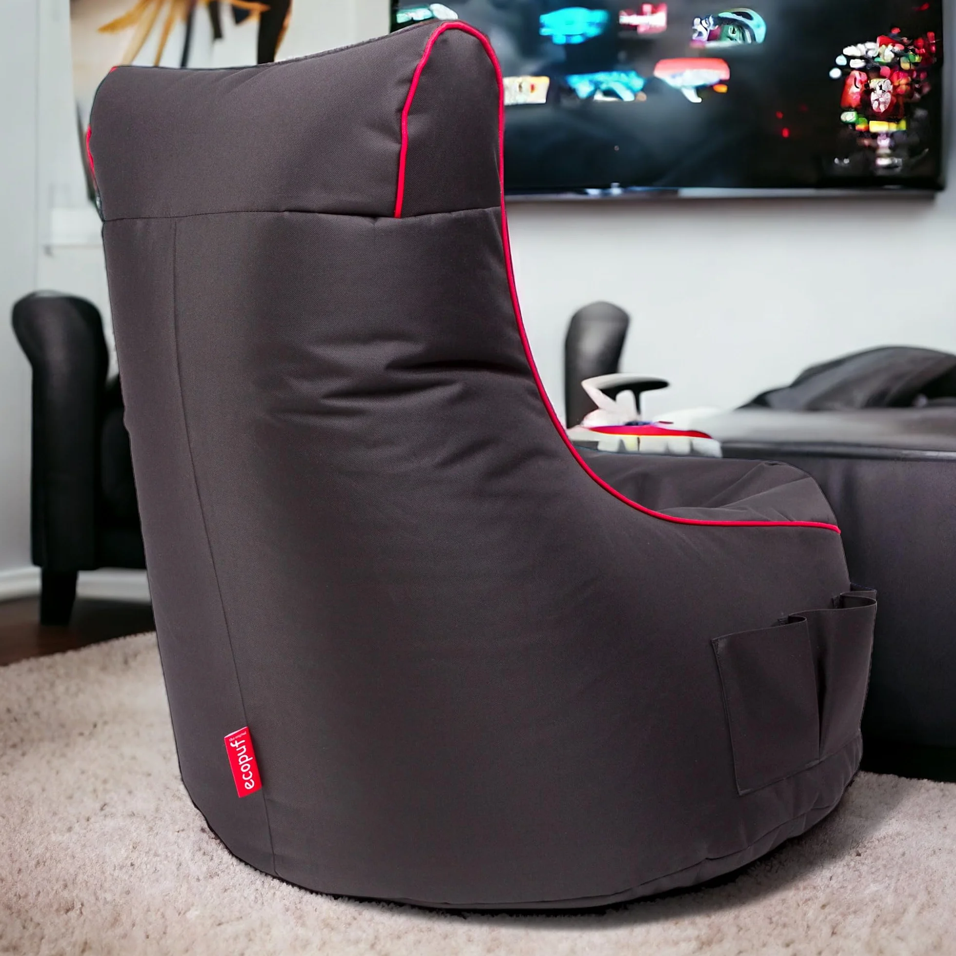 Ecopuf - Pufa Fotel Pablo - Beanbag z kieszeniami do przechowywania i uchwytem na słuchawki - Stylowa Poduszka - Worek do gier - 77x84cm, Czarno-czerwone paski