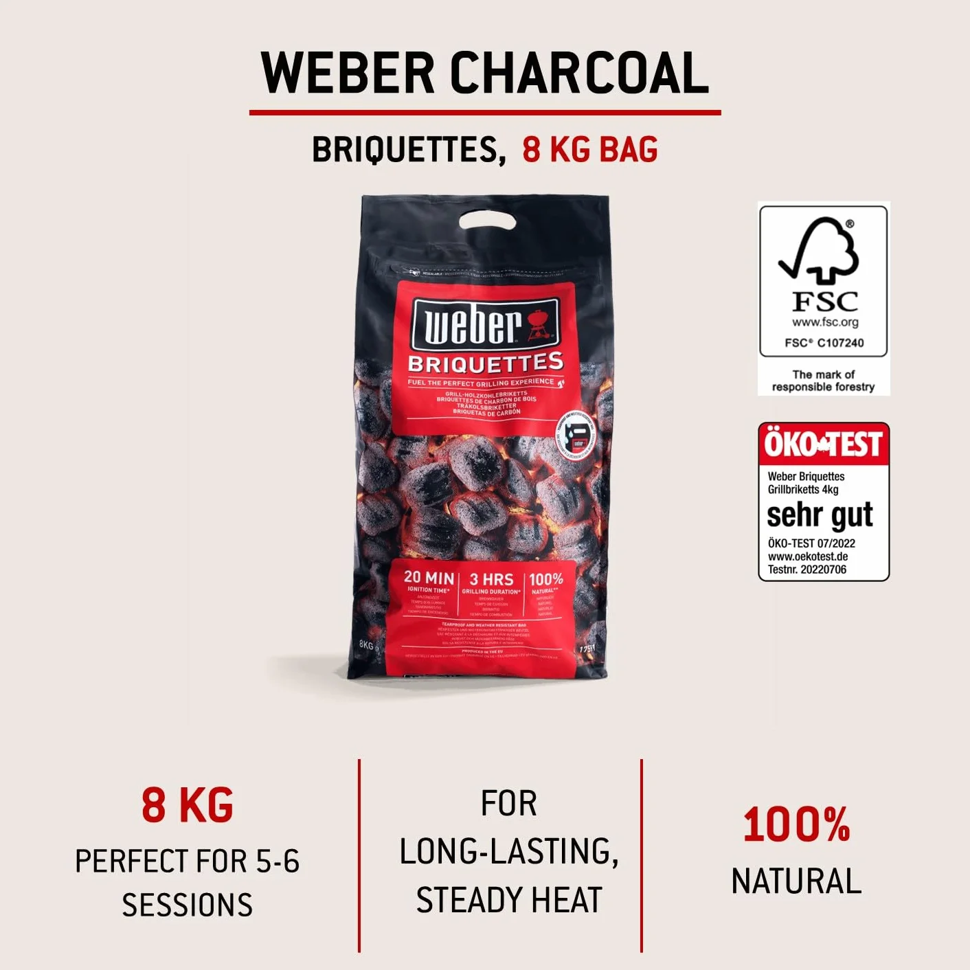 Weber Brykiet do Grilla (Worek 8kg), do Długiego i Stabilnego Żaru, Idealny do Długiego Grillowania Mięsa, 100% Naturalne Drewno, Produkt UE, Zrównoważony Odbiór, Certyfikat FSC (17591)