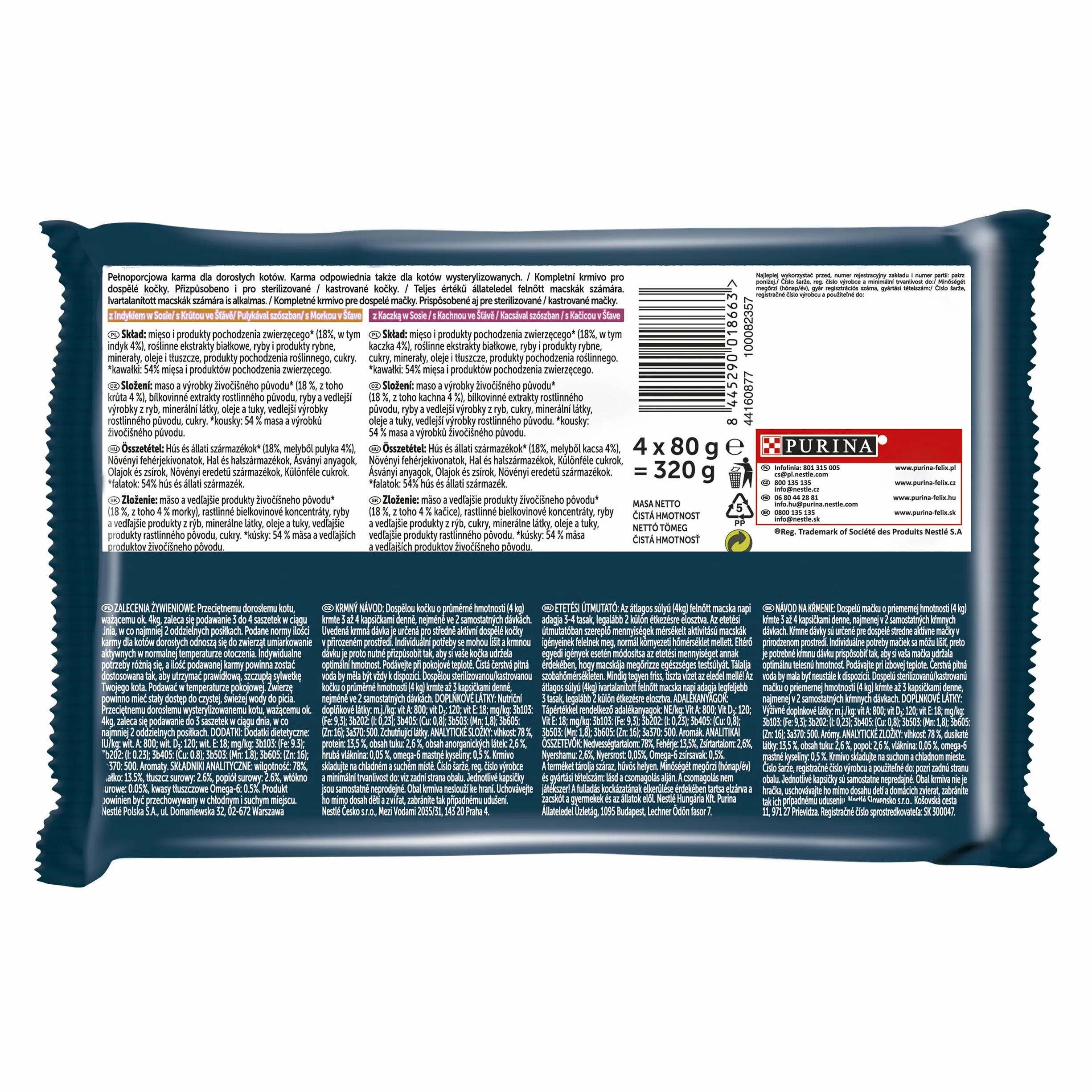 FELIX TASTY SHREDS Wiejskie Smaki | Karma mokra dla dorosłych kotów | Kaczka, Indyk | 4x80g