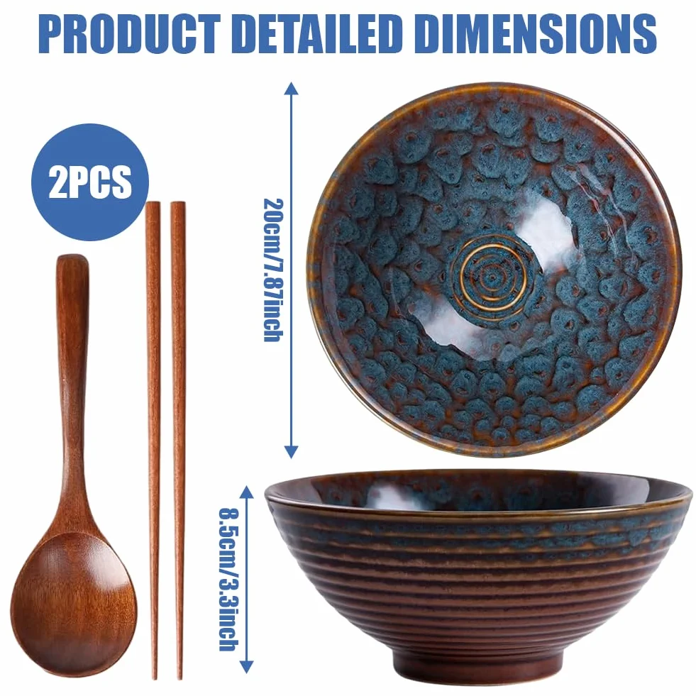 Miseczki do ramen 1200 ml, ceramiczne miski na zupę, 20 cm, miski do sałatek, miski do serwowania, miski na musli, niebieskie retro, z pałeczkami i łyżeczką, do kuchenki mikrofalowej, zmywarki i