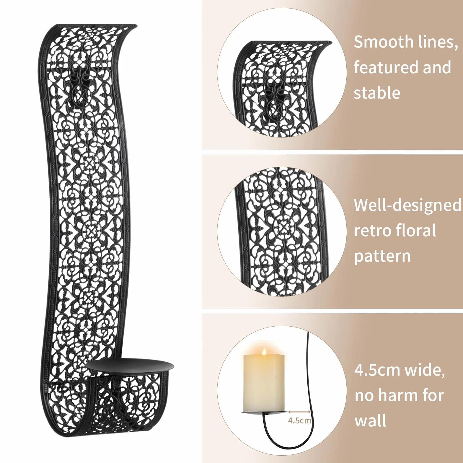 Sziqiqi Świeczniki ścienne w stylu vintage, czarne, kinkiety, świeczniki do świec filarowych, metalowe, naścienne, wiszące, eleganckie kinkiety ścienne do salonu, łazienki, 2 szt.