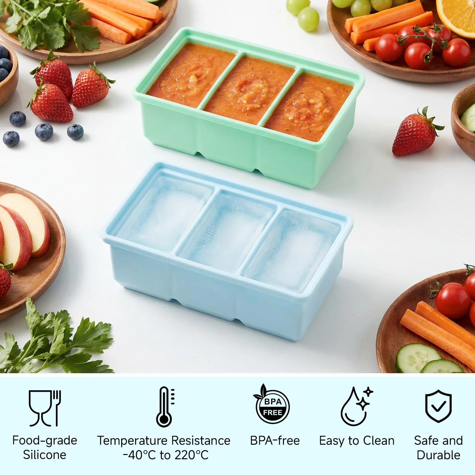 Souper Cubes zestaw 2 pojemników do zamrażania zupy, silikonowych, z pokrywką, nie zawiera BPA, do zamrażarki, do zupy, zamrażarki, kostek lodu (niebieski + zielony, 220 ml)
