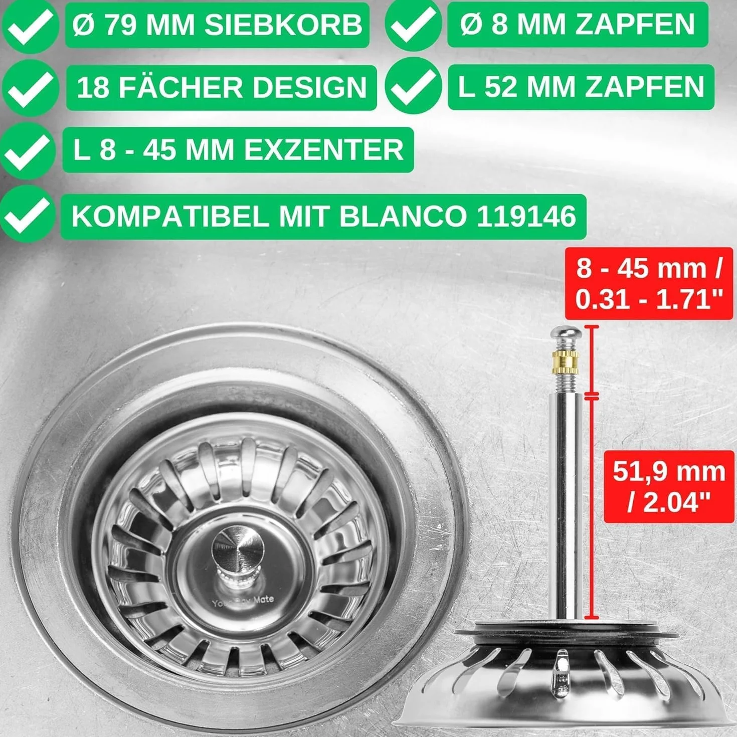Blanco 119146 Kosz Sitkowy Część Zamienna Do Zlewu Ze Stali Nierdzewnej, Srebrny, 7.9 Cm/18 Otworów Odpływowych