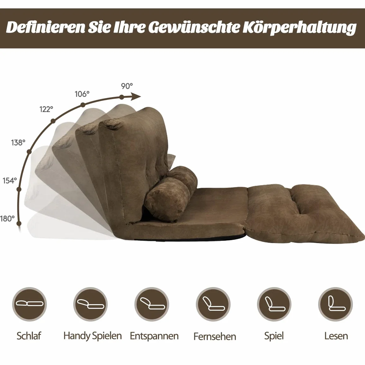 COSTWAY Sofa podłogowa, składana, 6-stopniowa regulacja, fotel podłogowy, krzesło podłogowe z 2 poduszkami, poduszka do siedzenia na podłogę z oparciem, składana sofa tapicerowana, do sypialni, salonu