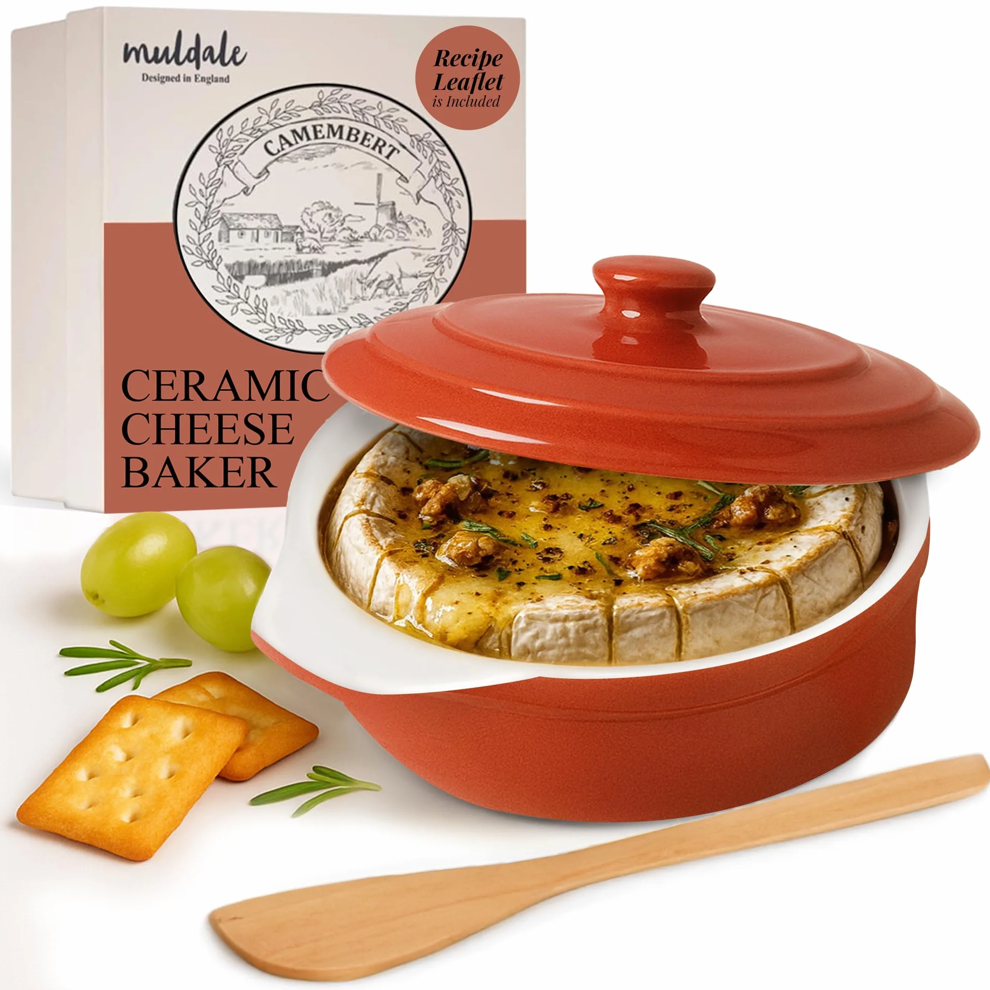 Muldale Camembert Naczynie do pieczenia - Camembert Cheese Baker w kolorze czerwonym - naczynie do pieczenia brie z pokrywką - zapiekanka do pieczenia - 14 cm - z rozrzutnikiem i pudełkiem