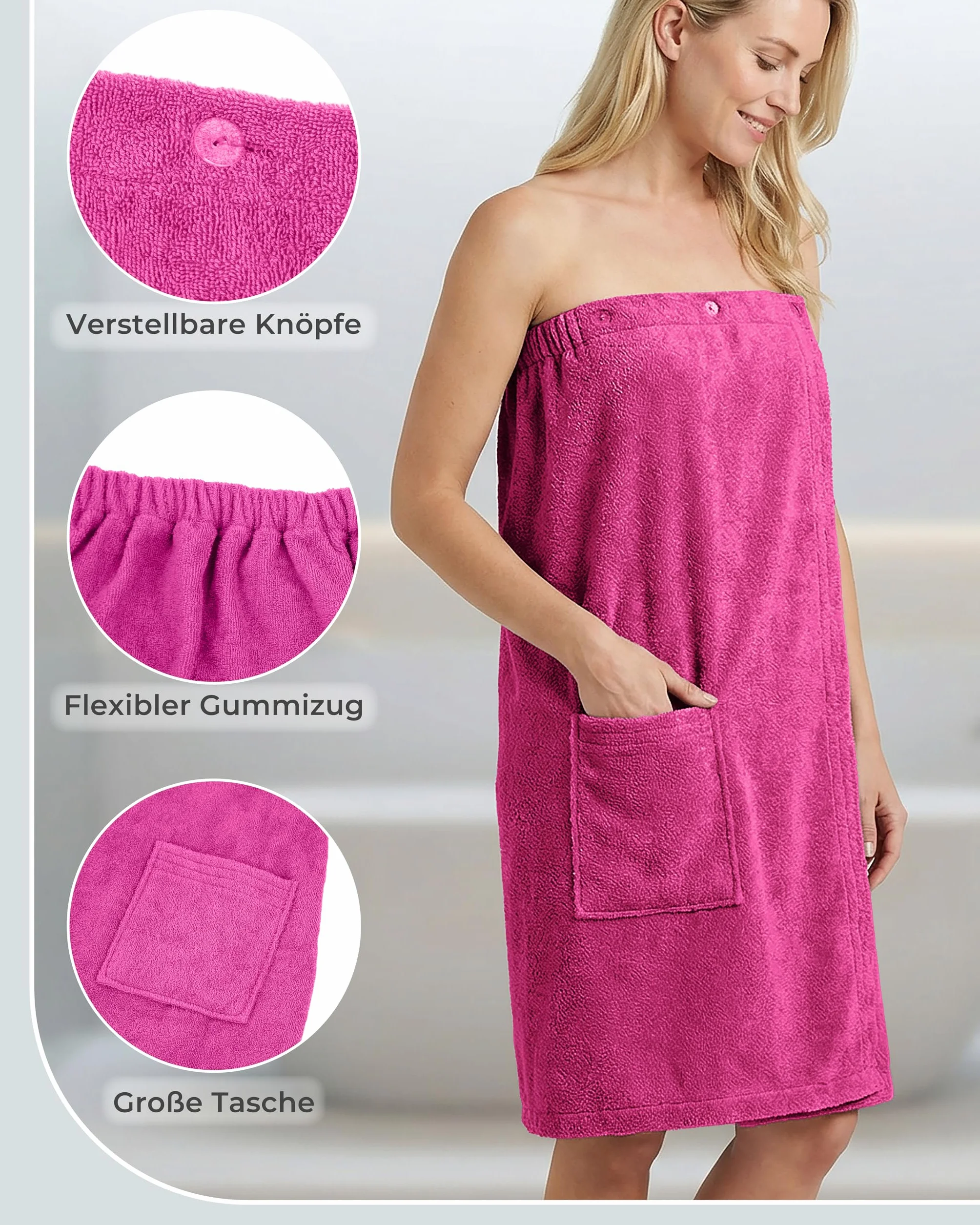 LAYNENBURG Damski kilt do sauny klasy premium, z zapięciem na guziki, 10% bawełna, Öko-Tex 100, damski ręcznik do sauny, frotte, kilt z gumowym ściągaczem do spa, spa i sauny (S-L fuksja)