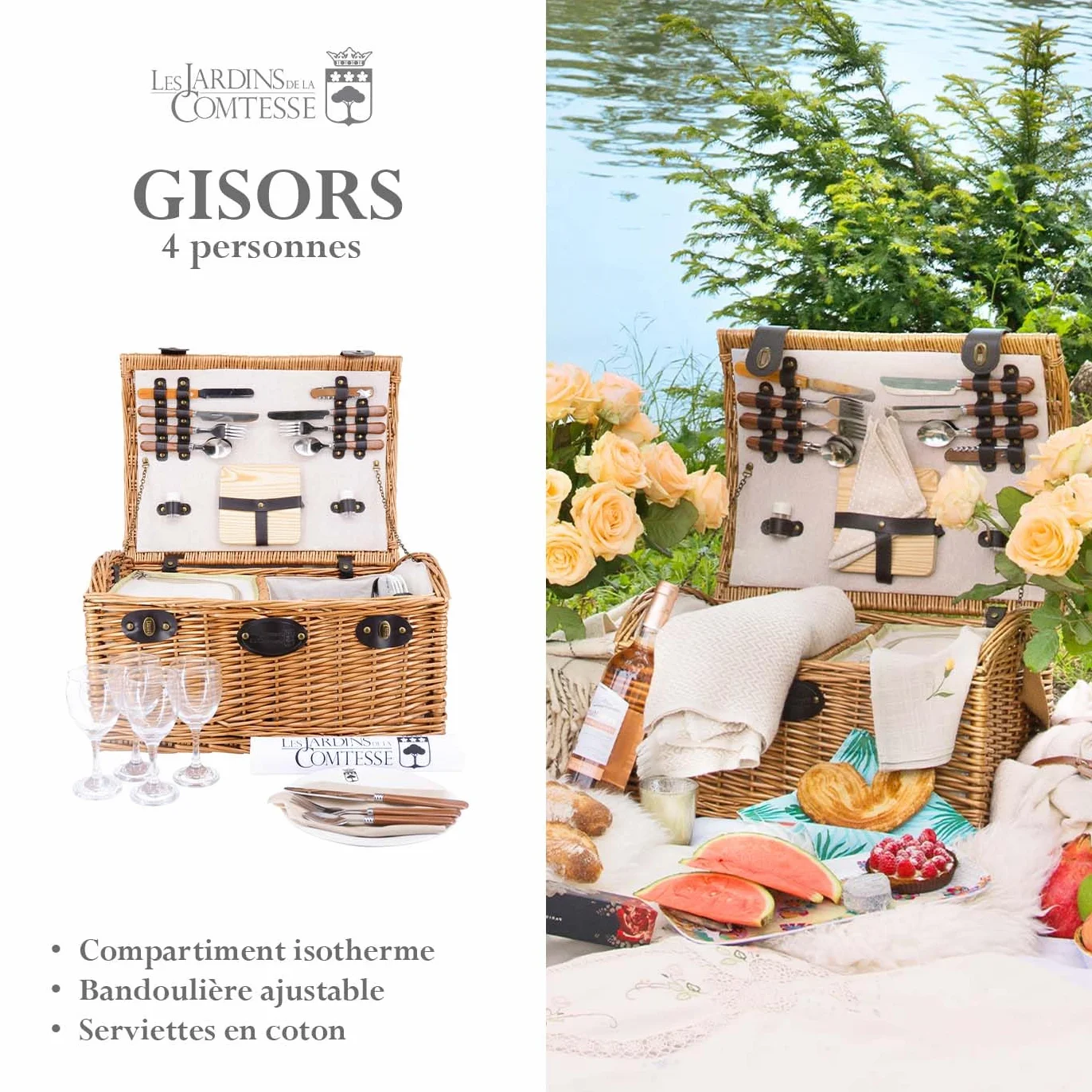 Les Jardins de la Comtesse Gisors Kosz piknikowy na 4 osoby, len, wiklina, zawiera komorę izolacyjną, sztućce, okulary, deskę do krojenia
