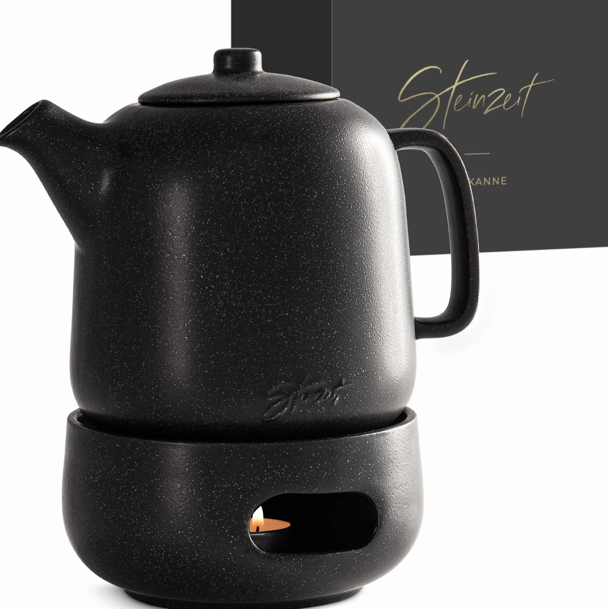 STEINZEIT Designerski dzbanek do herbaty z podgrzewaczem (1,3 l) – z sitkiem ze stali nierdzewnej 304 – ceramiczny z unikalną glazurą wyjmowany z sitkiem, czarny