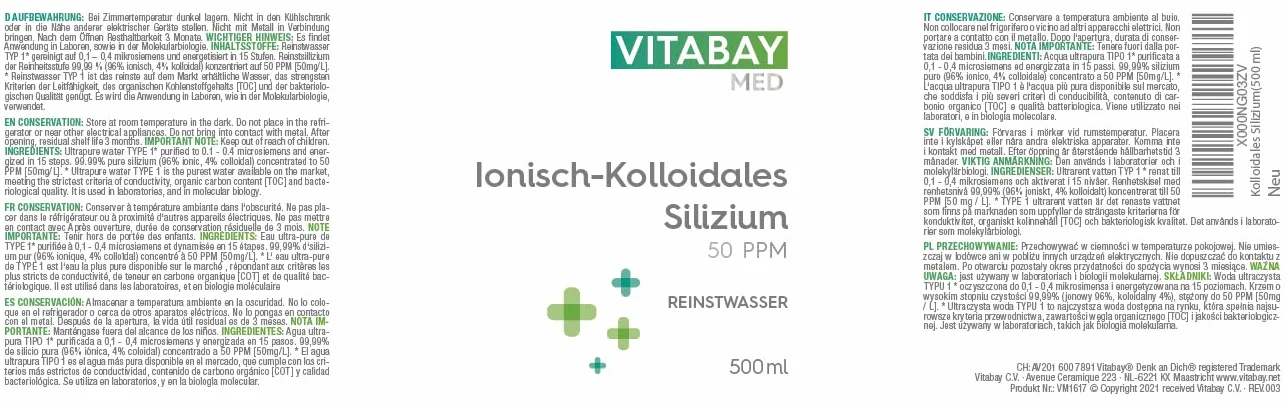 Vitabay Krzem koloidalny 50 PPM • 500 ml • wysoka dawka • poziom czystości 99,99% • bez dodatkowych dodatków • napełniony w butelce z brązowego szkła • Made in Germany