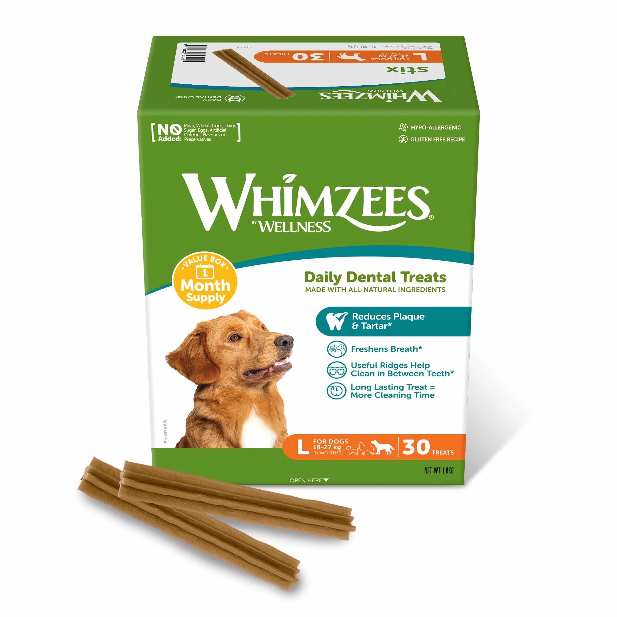 WHIMZEES Stix L, Opakowanie Miesięczne, 30 Sztuk – Rozmiar L, Gryzaki Dentystyczne dla Dużych Psów, Naturalne, Bezzbożowe, Bez Dodatku Cukru