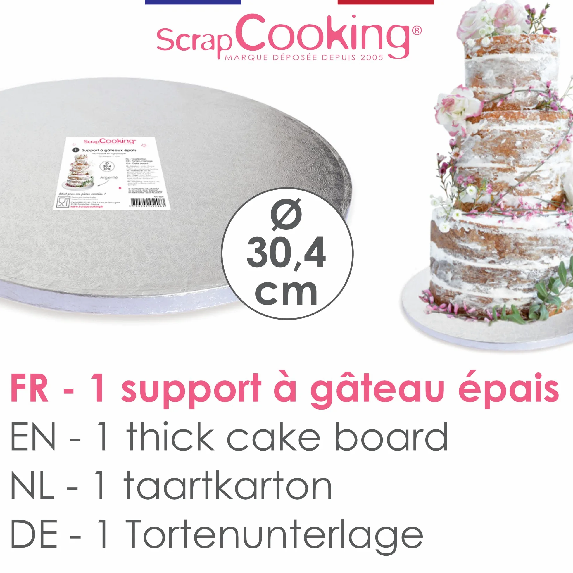 ScrapCooking Gruby okrągły stojak na ciasto, średnica 30 cm, kolor srebrny, blat wielokrotnego użytku, tarcza z deską, twarde ciasta, wyprodukowano we Francji, 5206