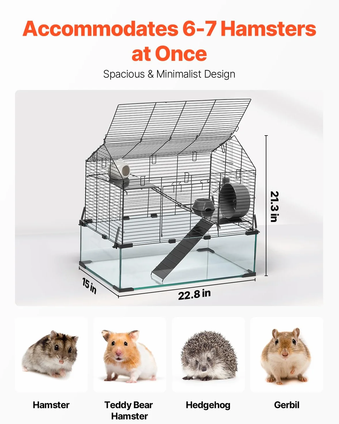 VEVOR Klatka dla chomika, przejrzyste siedlisko chomika do oglądania 360°, klatka dla małych zwierząt, 58 x 38 x 54 cm, wentylowana klatka dla zwierząt domowych z butelką na wodę, przenośny domek dla