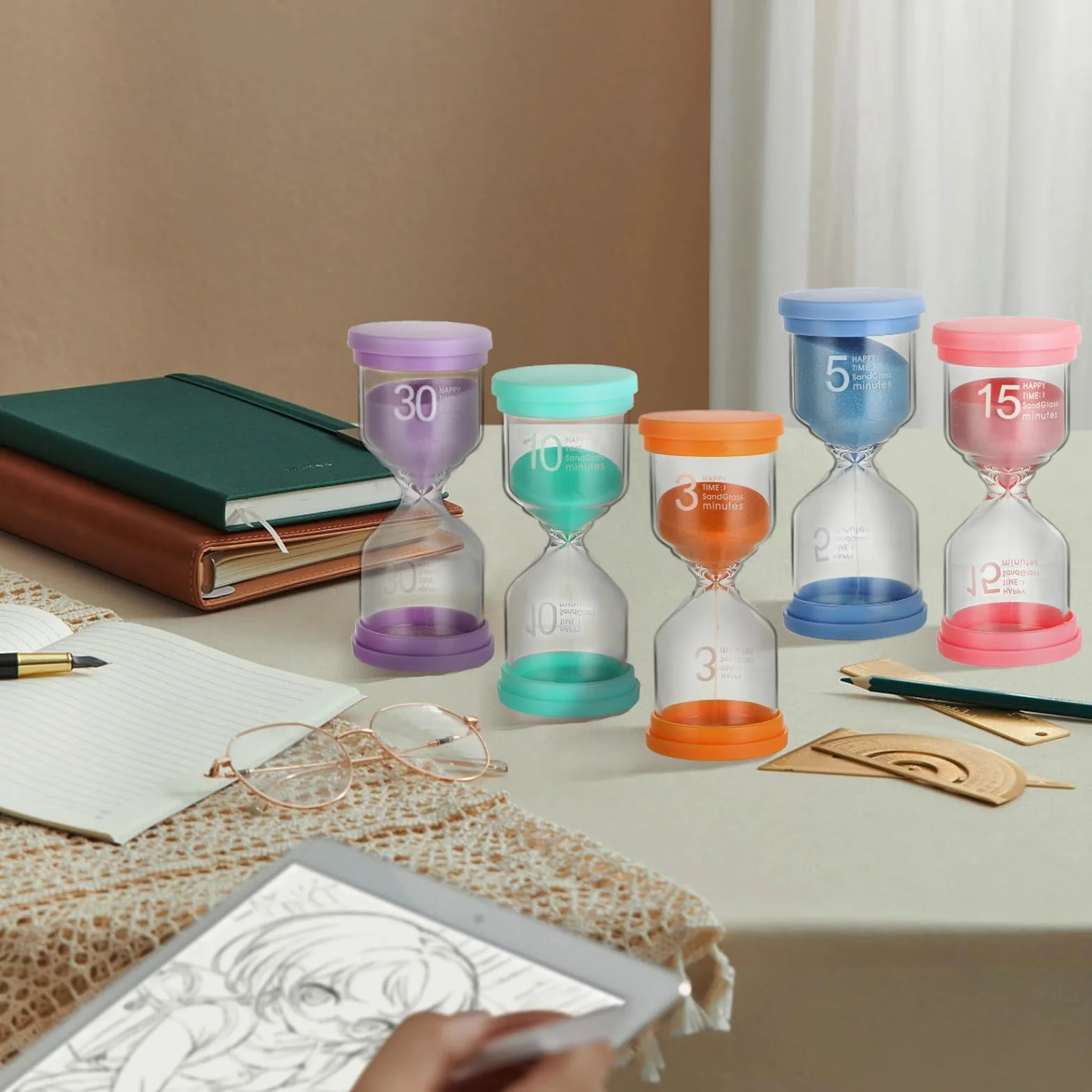 5-częściowy zestaw Makaronowa Klepsydra dla dzieci – szklany timer klepsydra 5 i 10 minut, 30 minut, idealny do mycia zębów