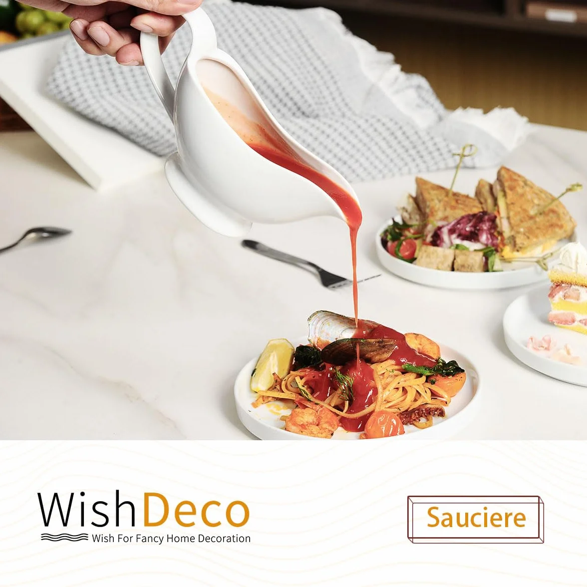 WishDeco Ceramiczna sosjerka, porcelana, sosjerka z dzióbkiem do ust, sosów, sałatek, dzbanków do śmietany, bulion mleczny, czarny pieprz, biały, 20 ml
