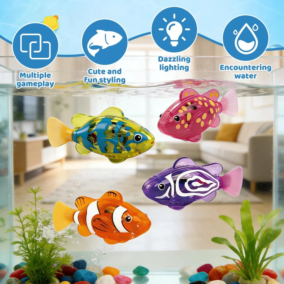 4 sztuki ryb robotów, Poisson Bain Qui Nage, wielokrotnego użytku Robo Fish, Poisson Robot z świecącą, zabawką dla kota, wanny, akwarium (B)