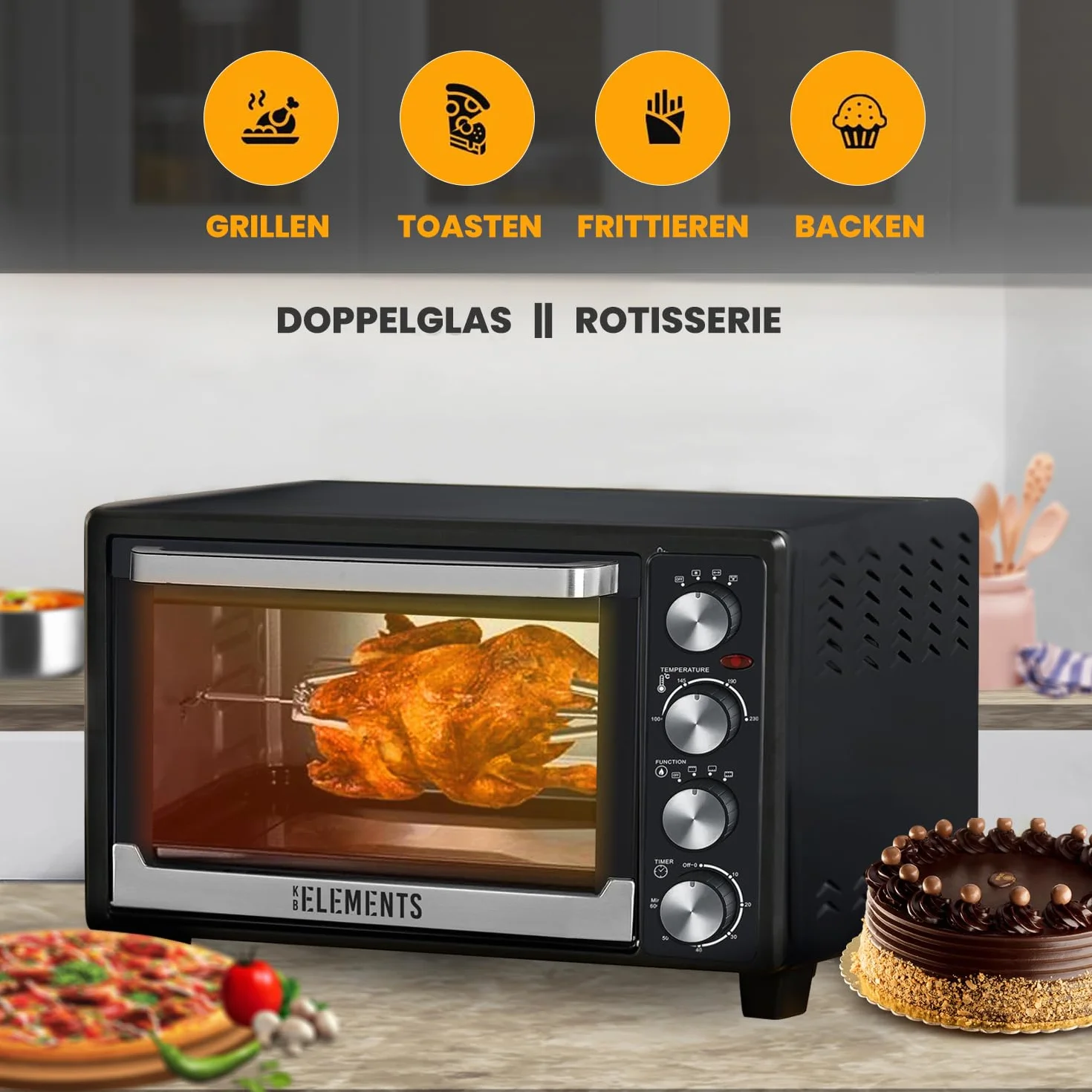 KB-Elements Mini piekarnik, 45 l, 2000 W, konwekcyjny piec do pizzy, elektryczny wiszący grill, kempingowy rożen obrotowy