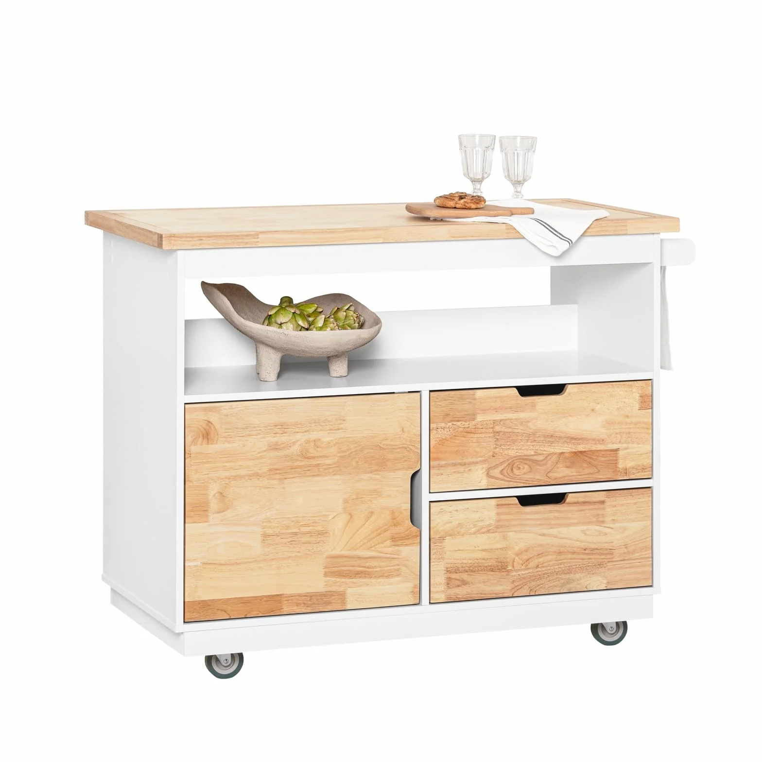 SoBuy FKW107-II-WN Wyspa kuchenna Szafka kuchenna na kółkach Z z 2 szufladami 110 x 91x 55 cm