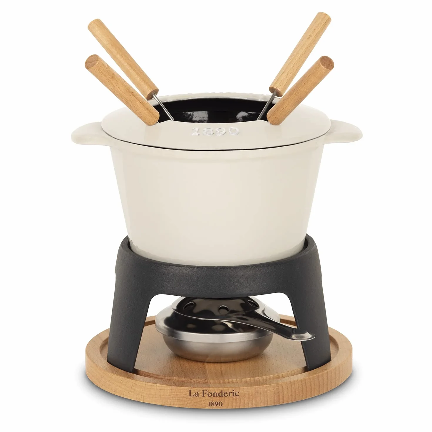 Zestaw żeliwnych Fondue dla 4 osób Mount Joly, do sera i czekolady, pokrywa zapobiegająca rozpryskiwaniu, 4 widelce z uchwytami z drewna bukowego, pojemność 1,2 l
