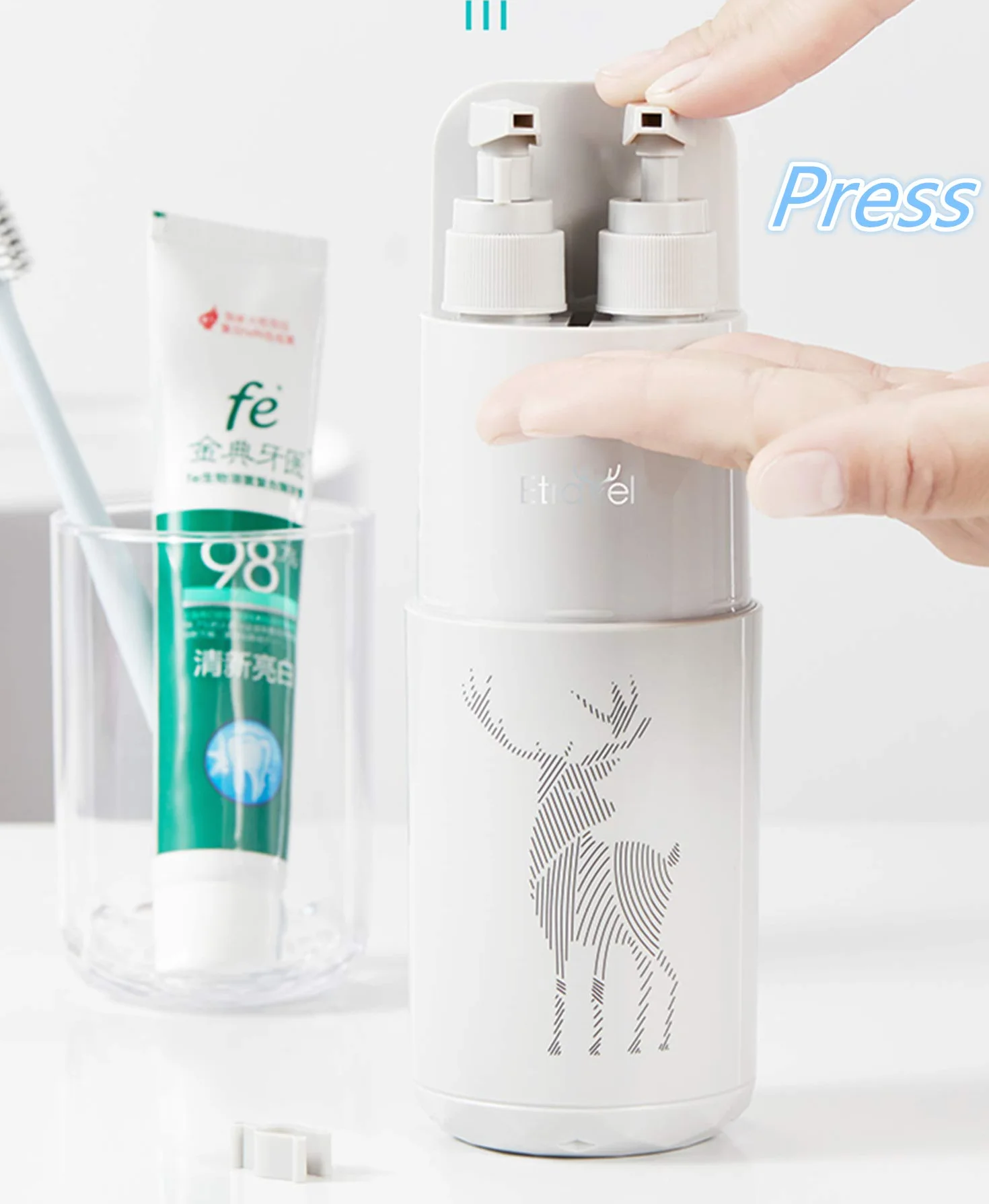 Kubki podróżne – przenośne etui na szczoteczki do zębów z lustrem, grzebieniem, 2 x dozownik mydła 45 ml, na kemping i podróże służbowe, szary