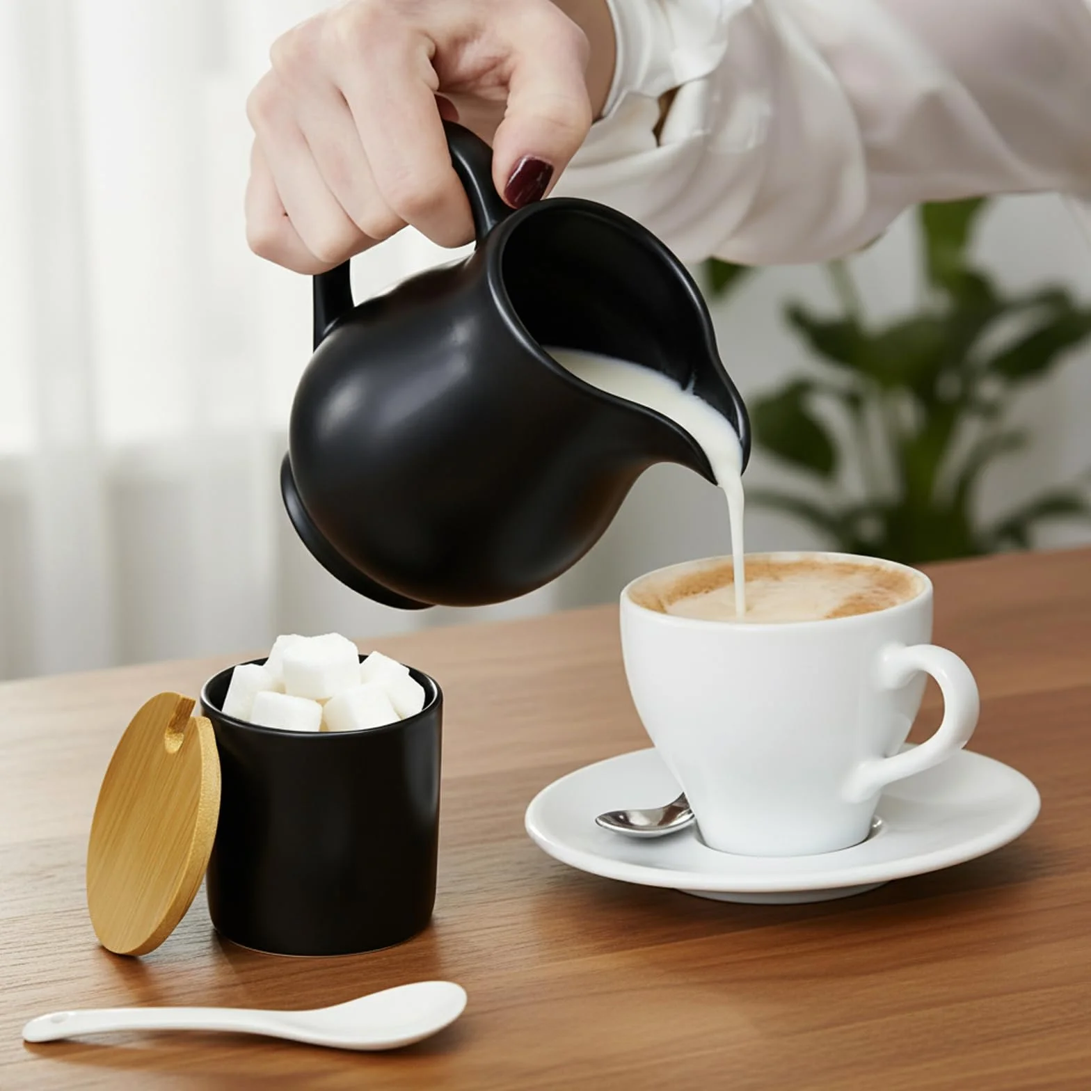 Zestaw do mleka i cukru z pokrywką i łyżeczką, ceramiczny mlecznik i cukiernica z drewnianym podtacznikiem, zestaw do mleka i cukru do kawy, mleczka odporna na mikrowfalę i zmywarkę