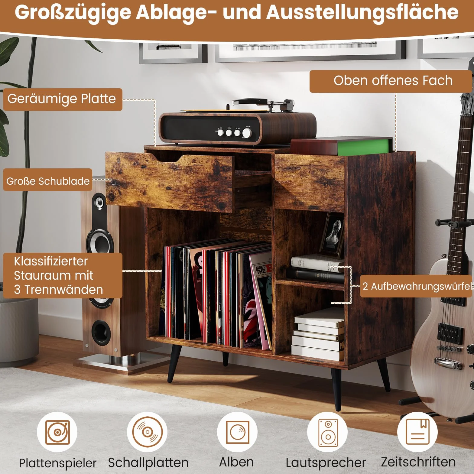 COSTWAY Stojak na gramofony, szafka z gniazdkiem, USB i typ C, szafka na płyty winylowe z szufladą i otwartą półką, stojak na płyty gramofonowe do albumów, płyt CD